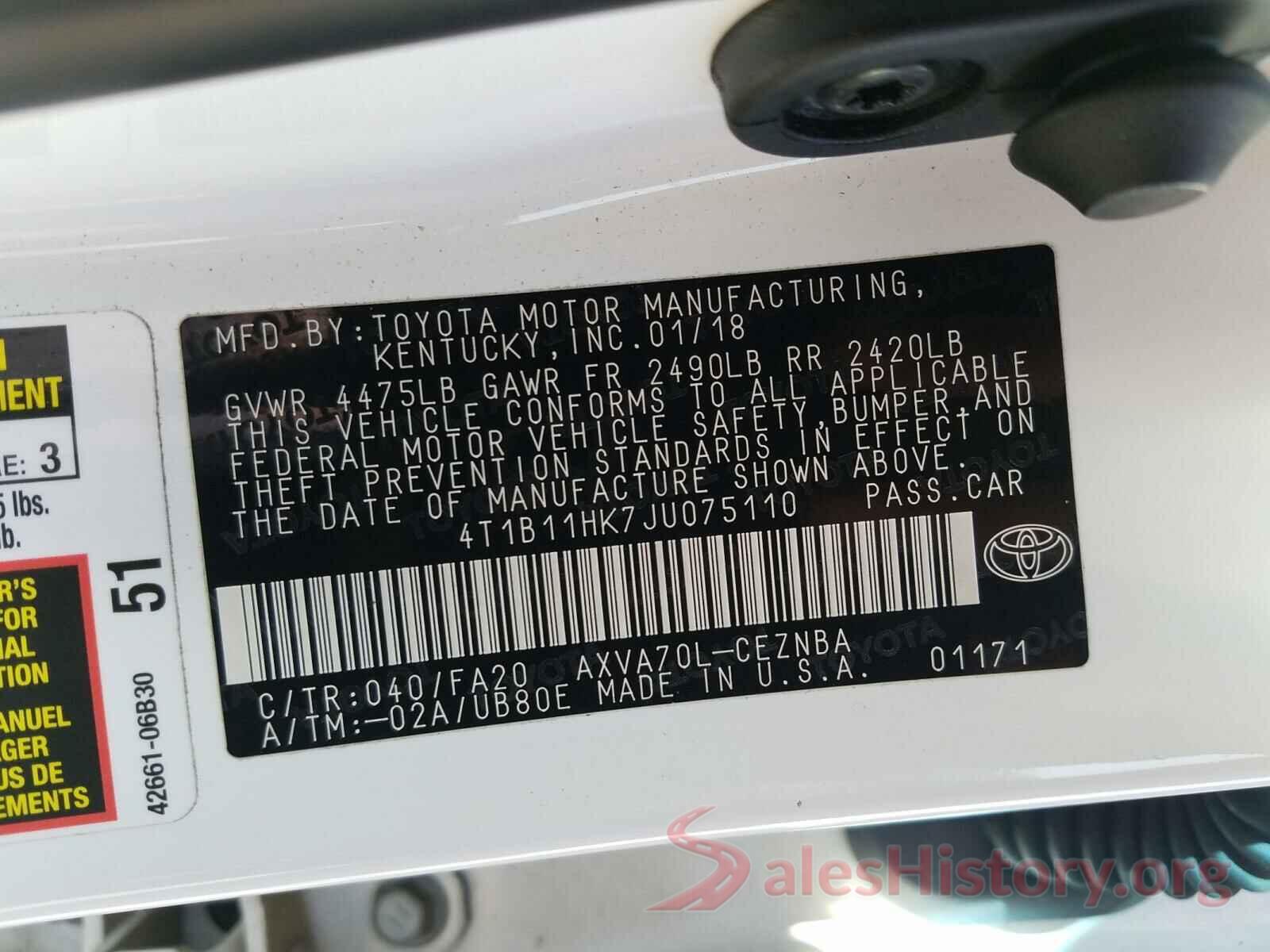 4T1B11HK7JU075110 2018 TOYOTA CAMRY