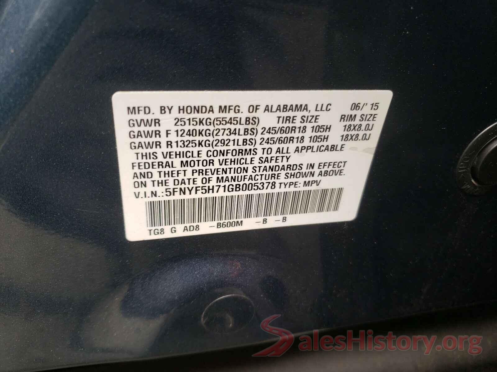 5FNYF5H71GB005378 2016 HONDA PILOT