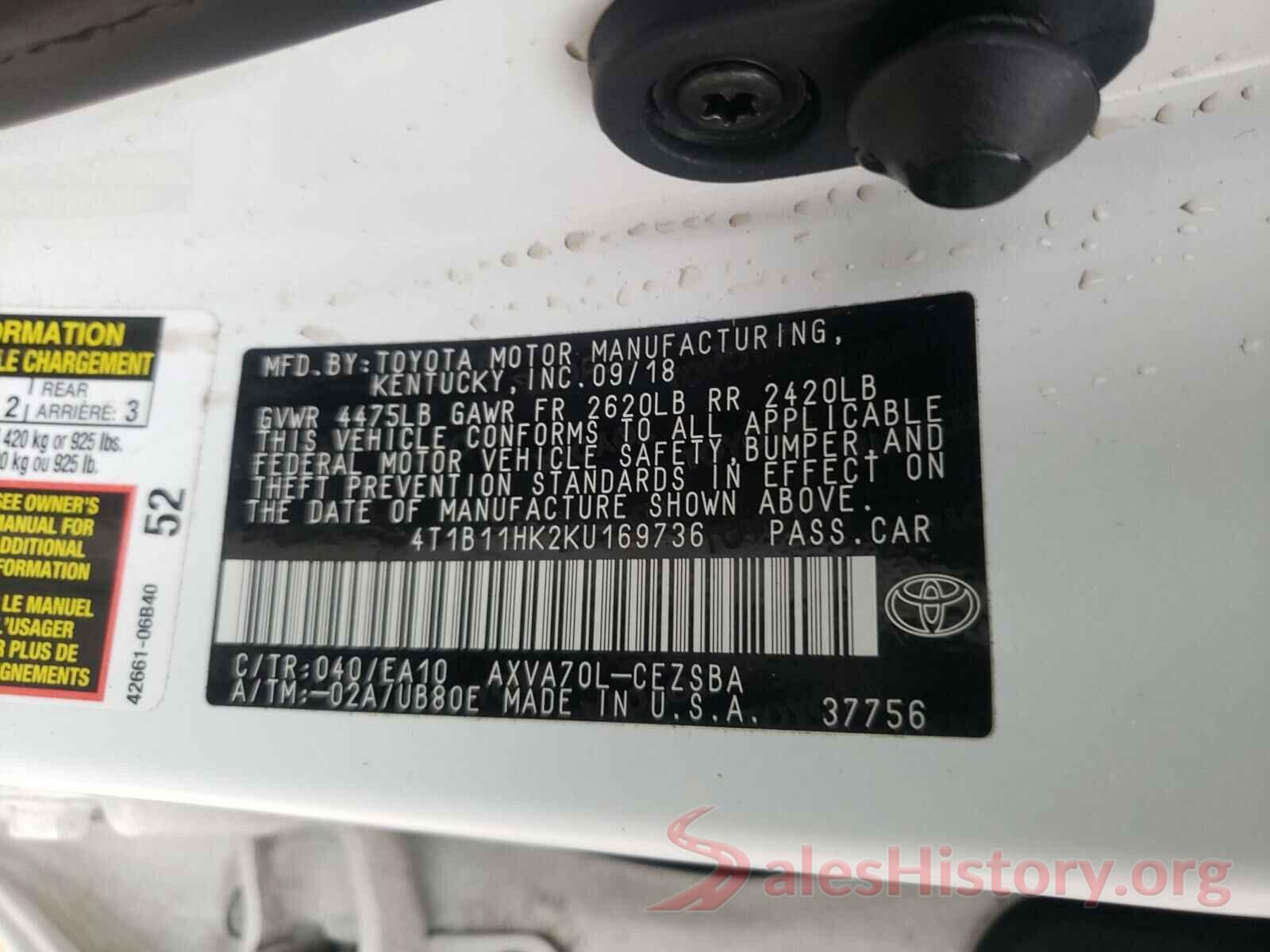 4T1B11HK2KU169736 2019 TOYOTA CAMRY