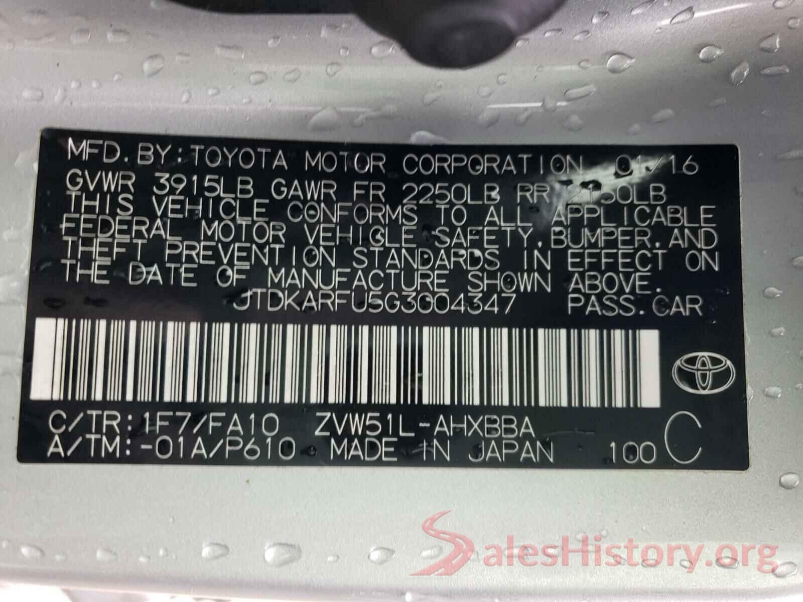 JTDKARFU5G3004347 2016 TOYOTA PRIUS