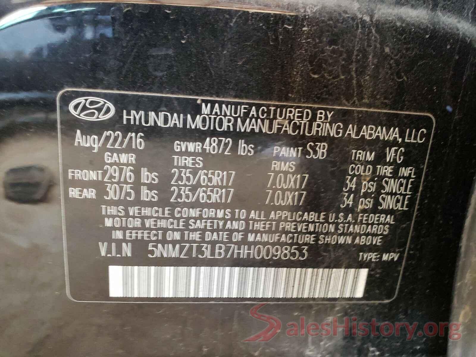 5NMZT3LB7HH009853 2017 HYUNDAI SANTA FE