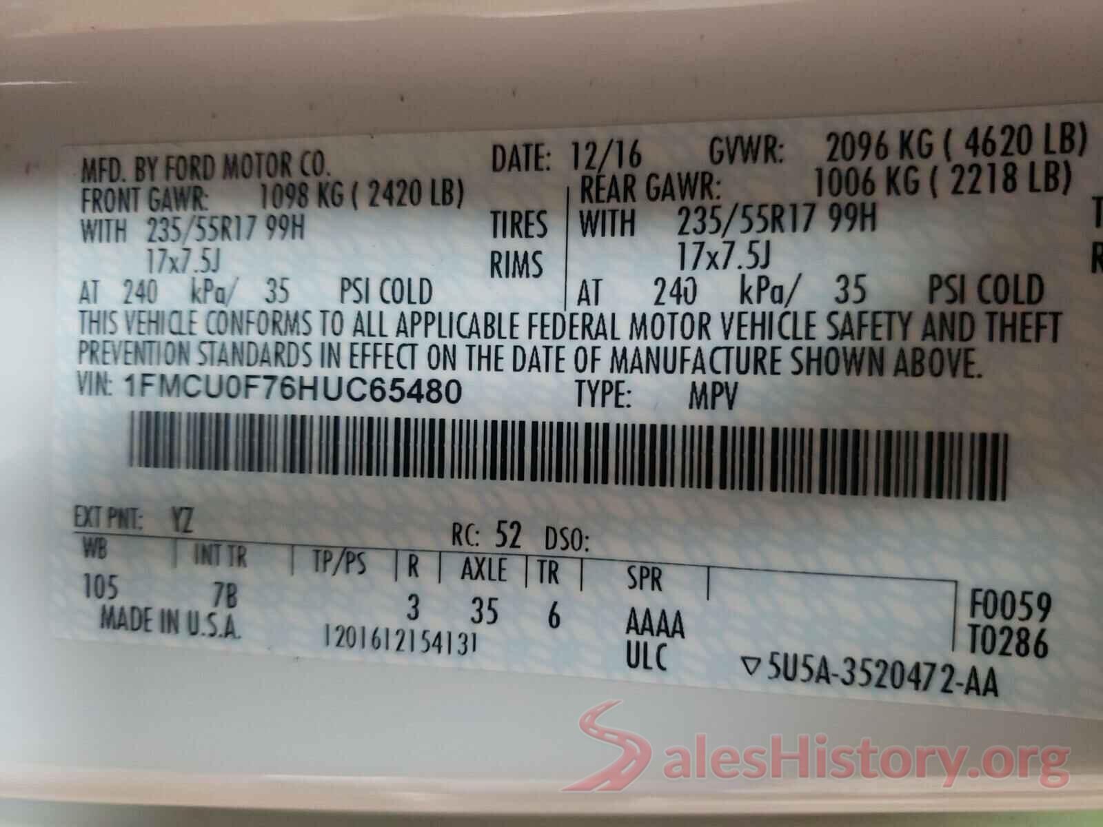 1FMCU0F76HUC65480 2017 FORD ESCAPE