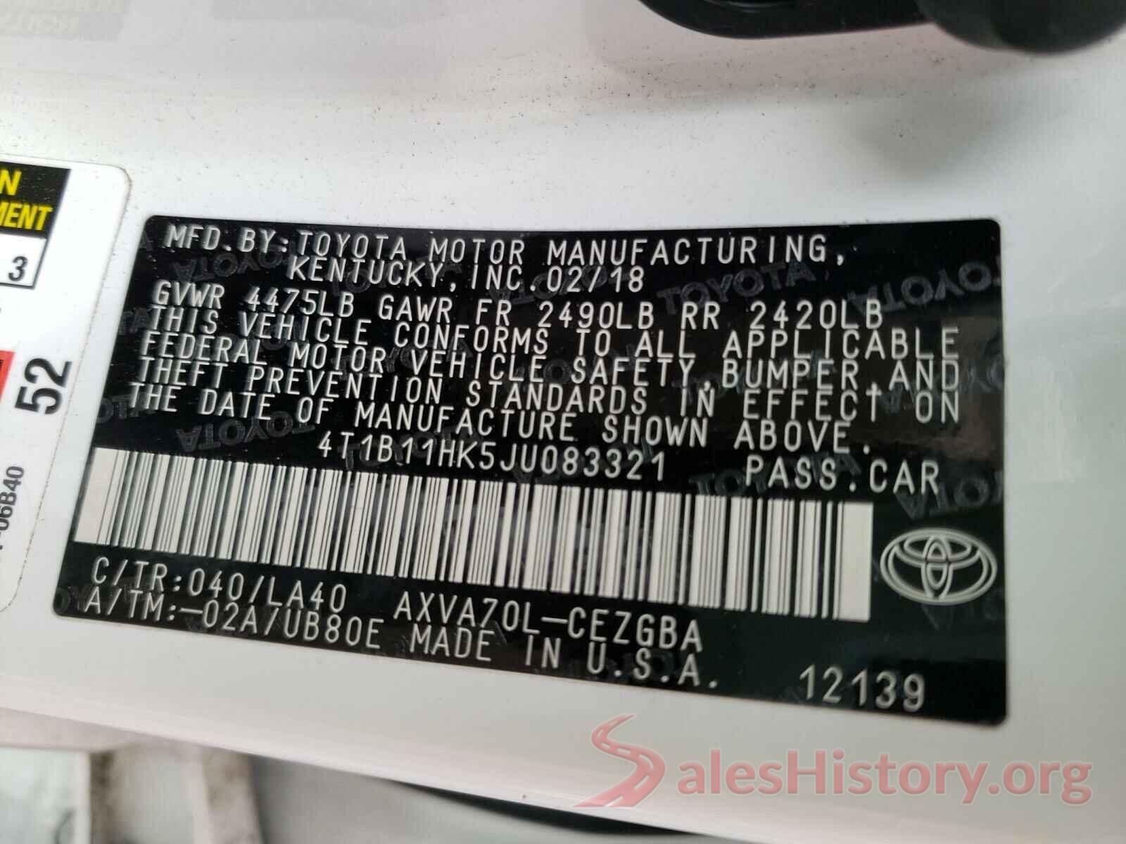 4T1B11HK5JU083321 2018 TOYOTA CAMRY