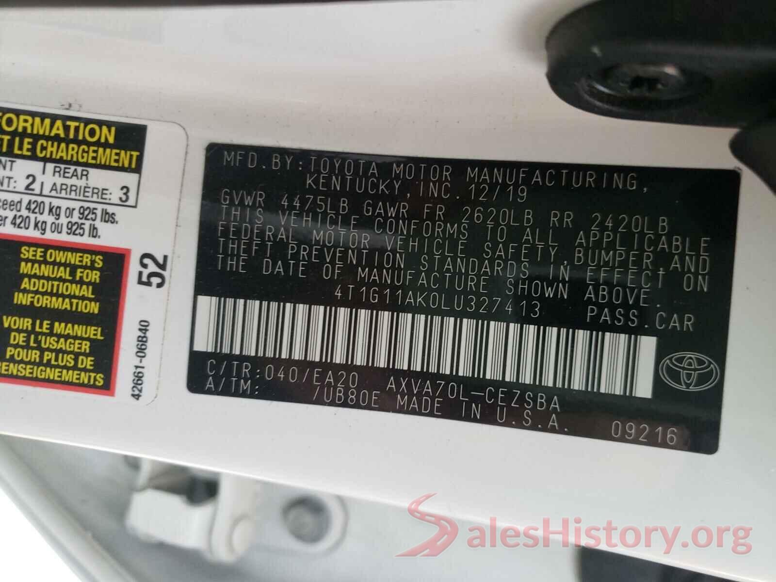 4T1G11AK0LU327413 2020 TOYOTA CAMRY