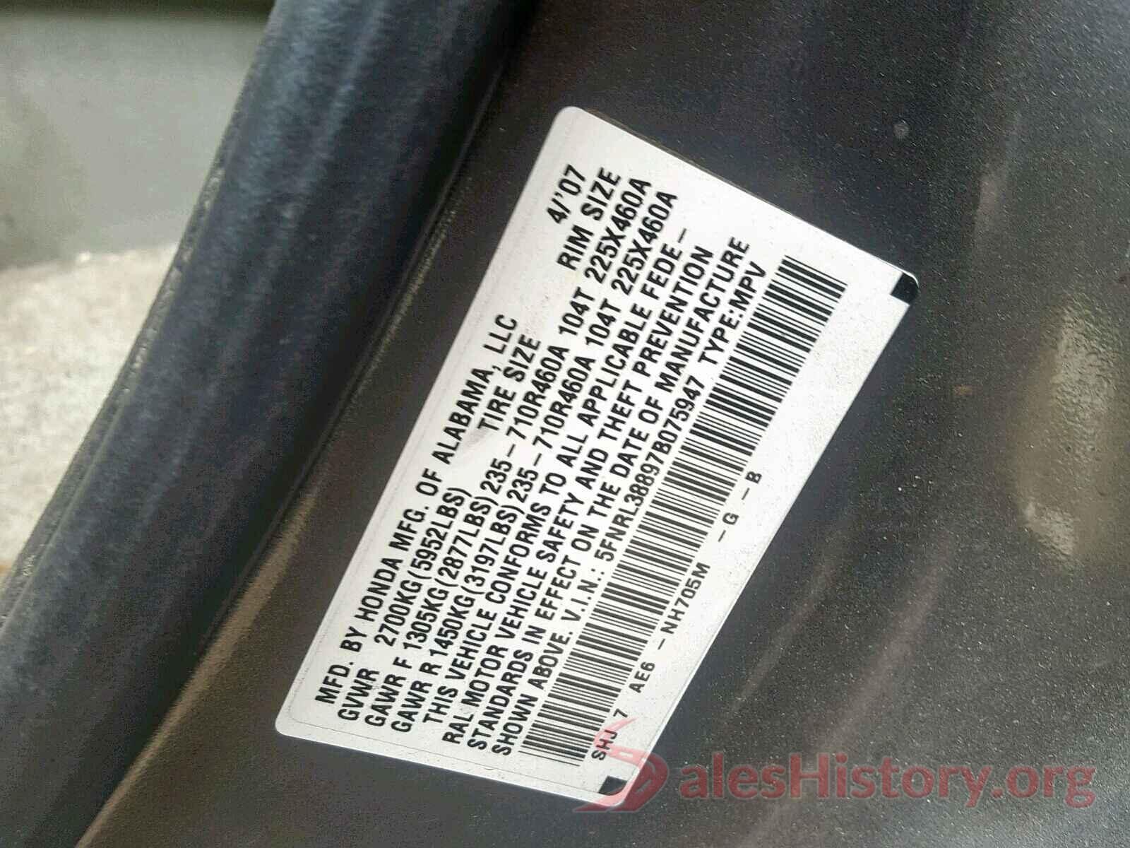 5FNRL38897B075947 2007 HONDA ODYSSEY TO