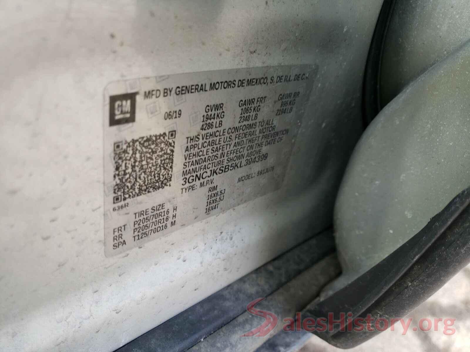 3GNCJKSB5KL394399 2019 CHEVROLET TRAX