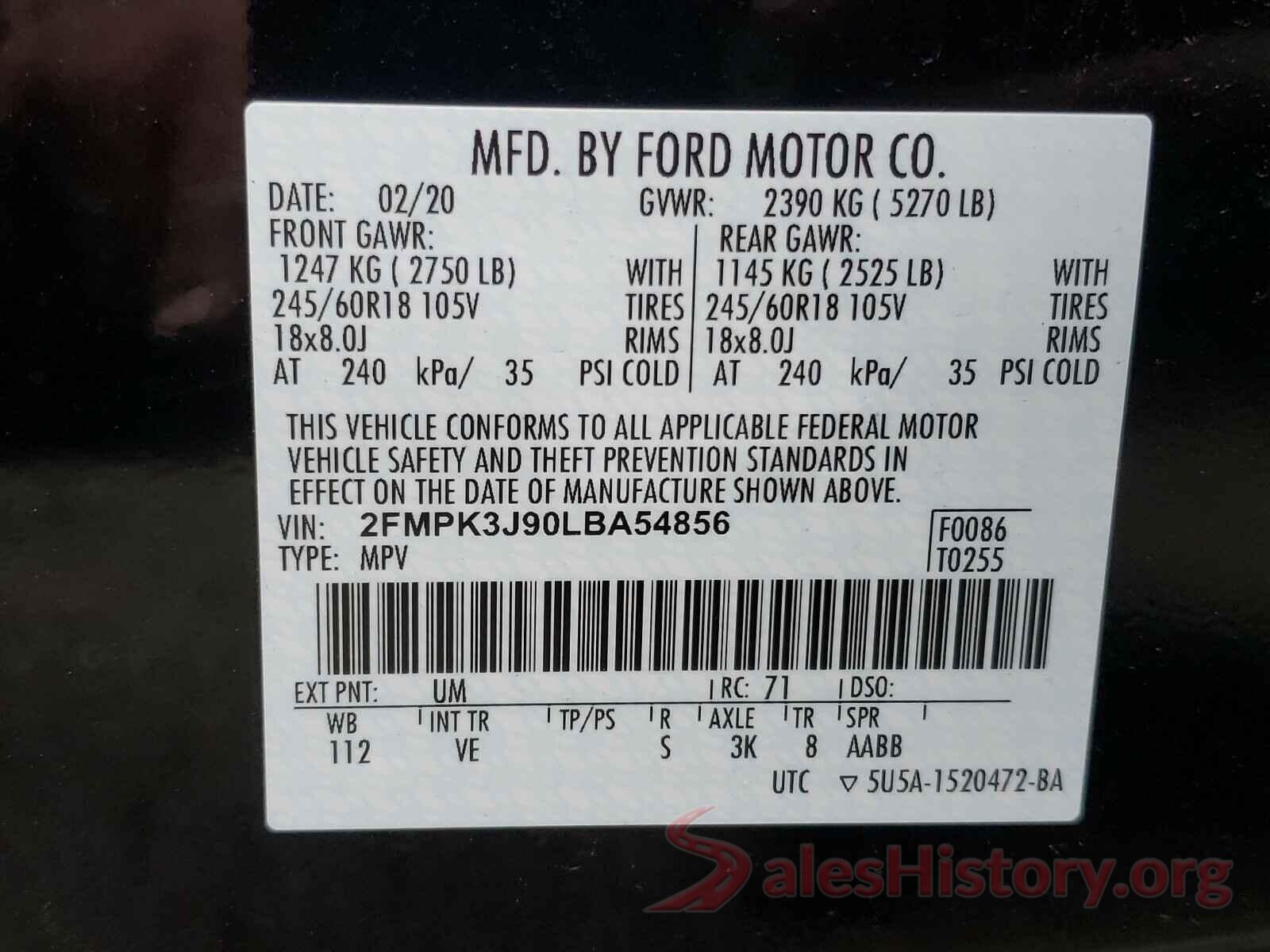 2FMPK3J90LBA54856 2020 FORD EDGE