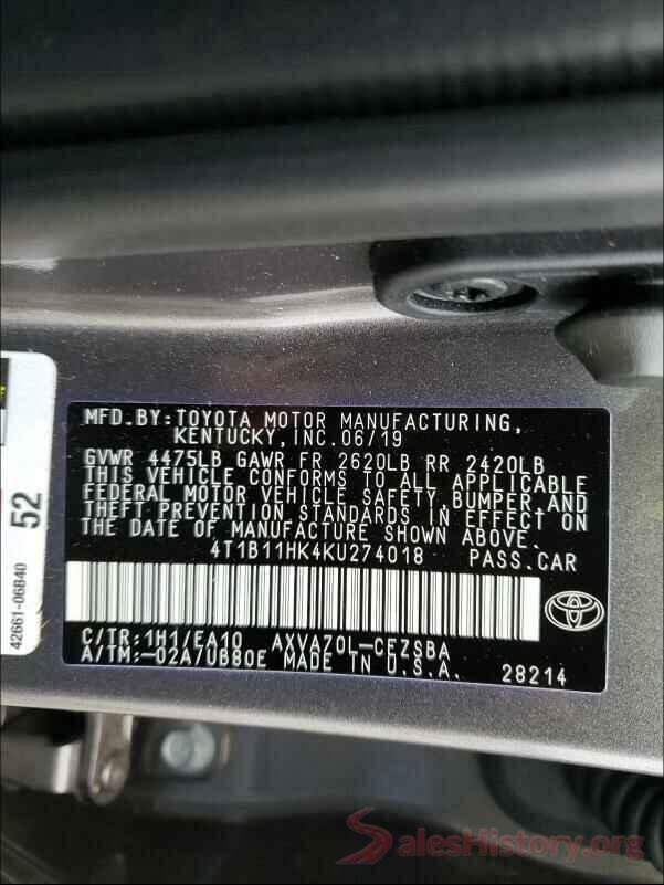 4T1B11HK4KU274018 2019 TOYOTA CAMRY