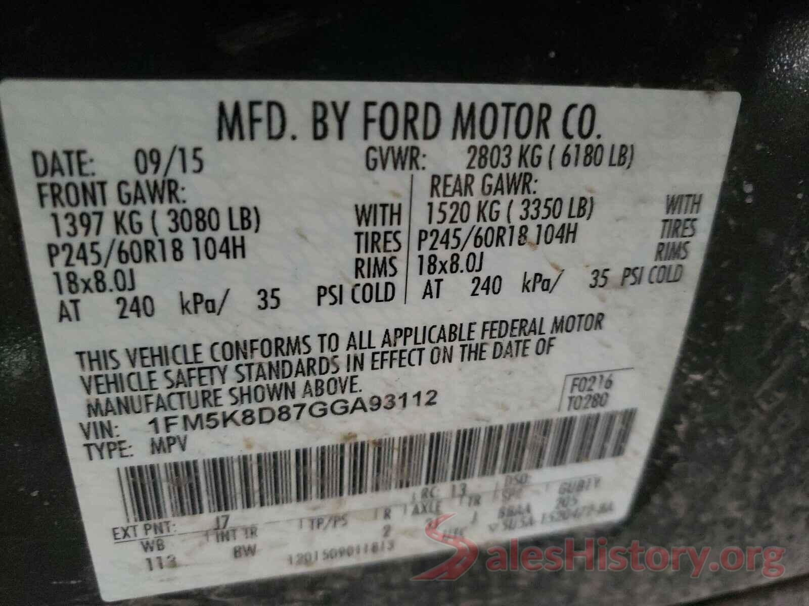 1FM5K8D87GGA93112 2016 FORD EXPLORER