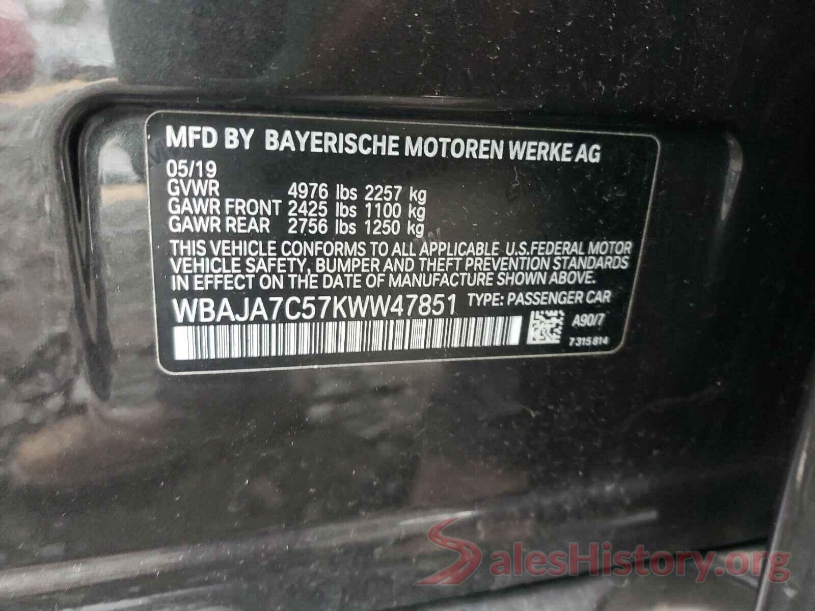 WBAJA7C57KWW47851 2019 BMW 5 SERIES