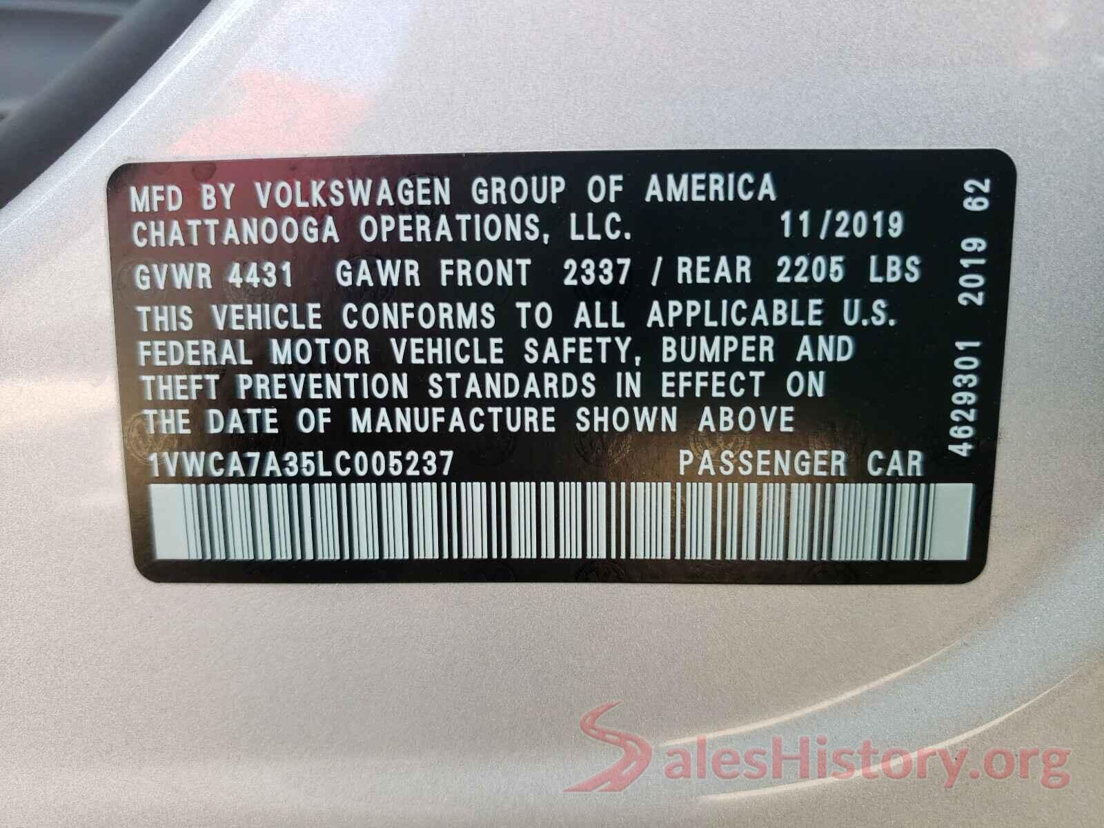 1VWCA7A35LC005237 2020 VOLKSWAGEN PASSAT