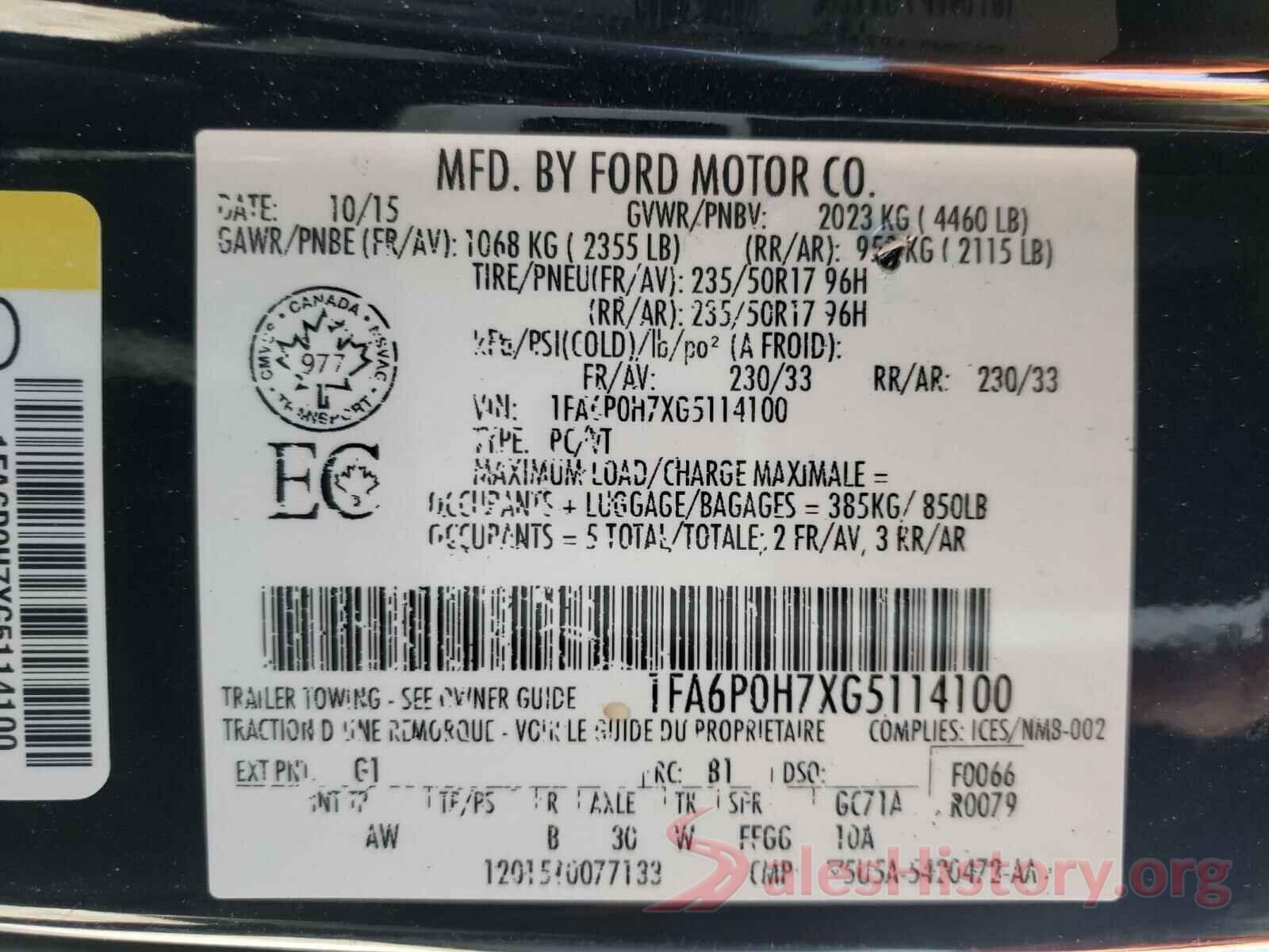 1FA6P0H7XG5114100 2016 FORD FUSION