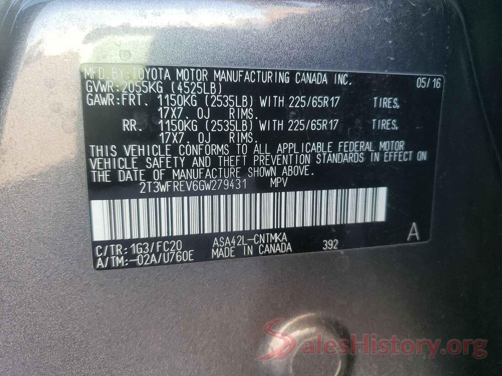 2T3WFREV6GW279431 2016 TOYOTA RAV4