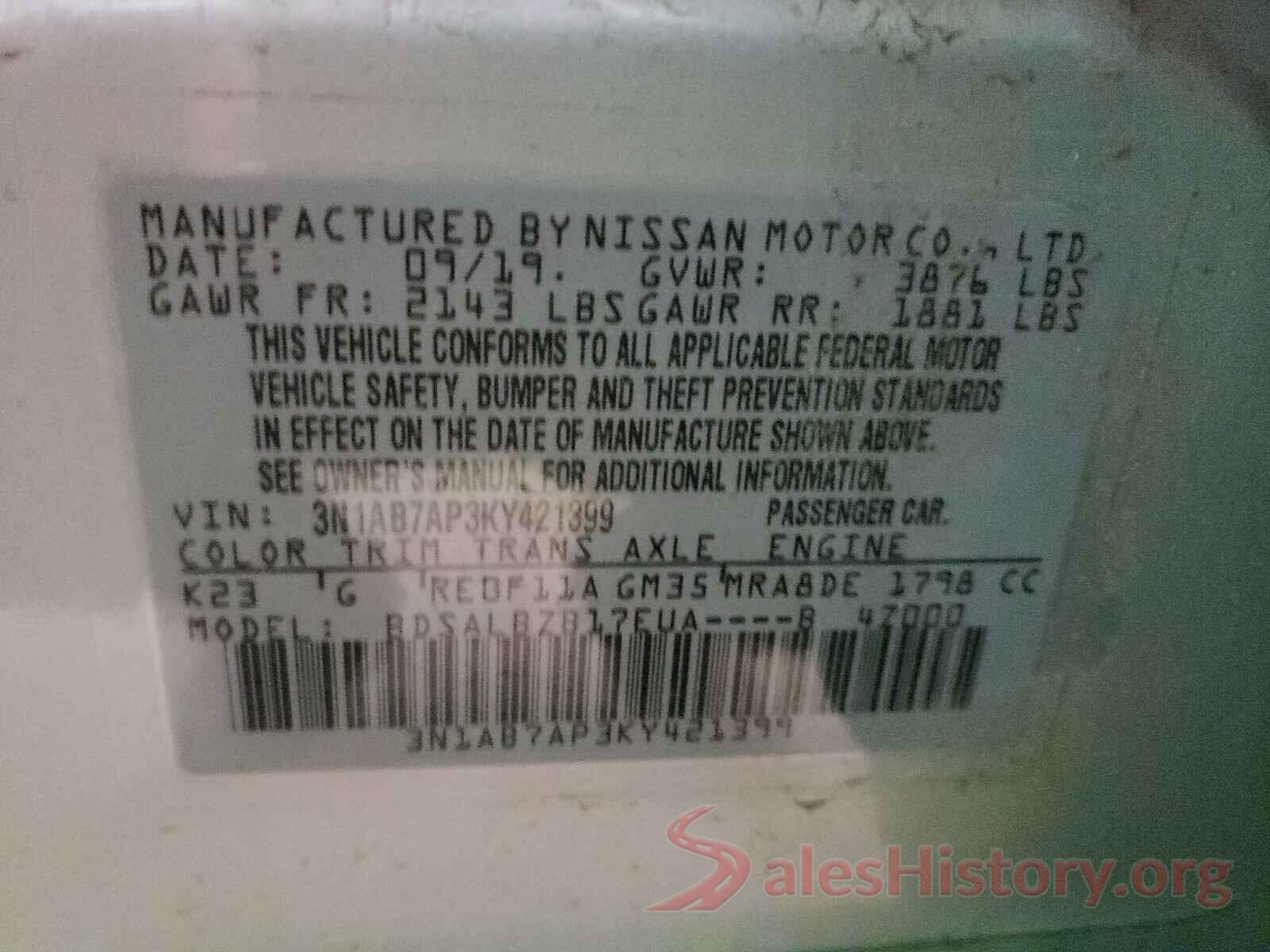 3N1AB7AP3KY421399 2019 NISSAN SENTRA