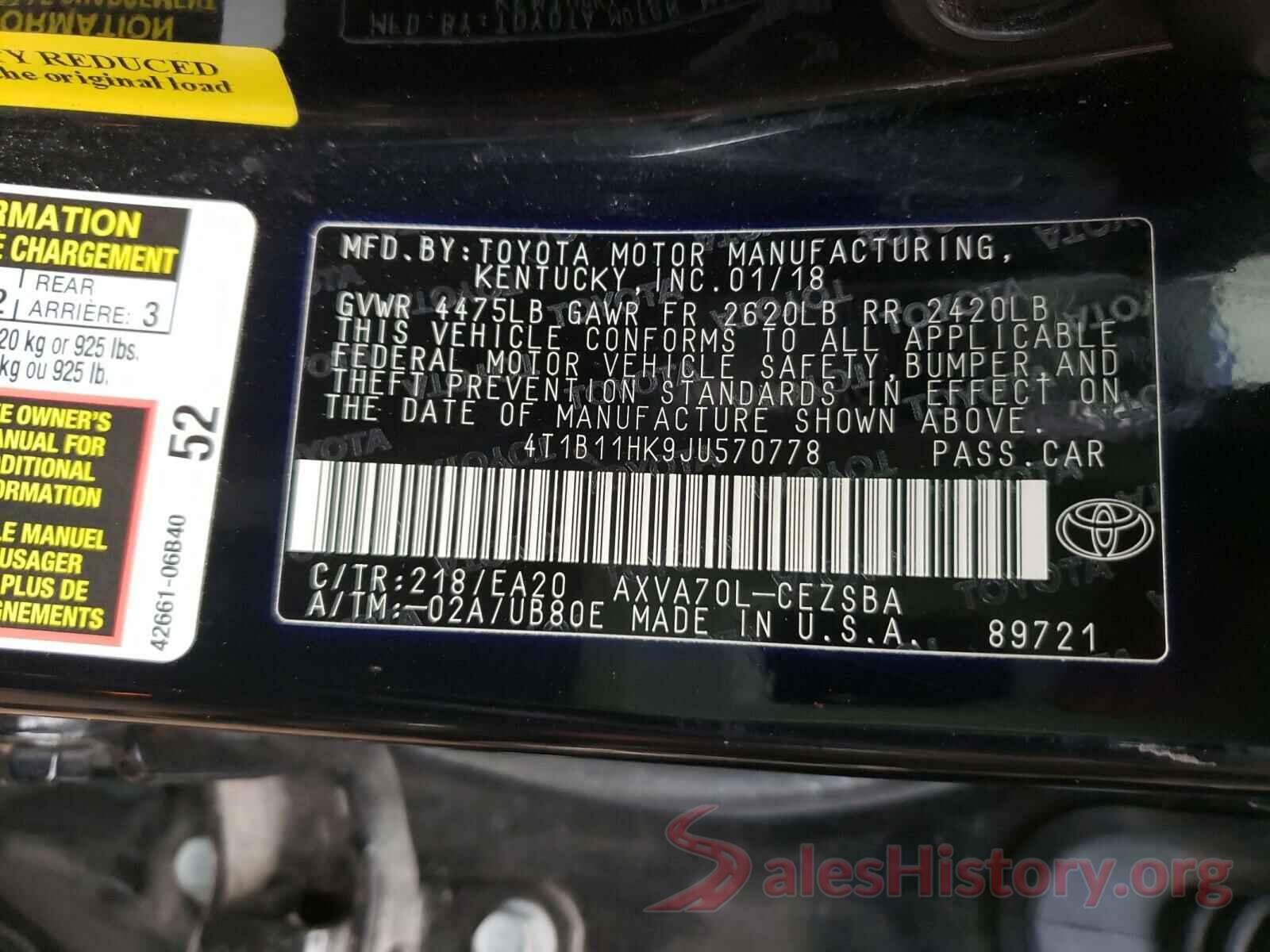 4T1B11HK9JU570778 2018 TOYOTA CAMRY