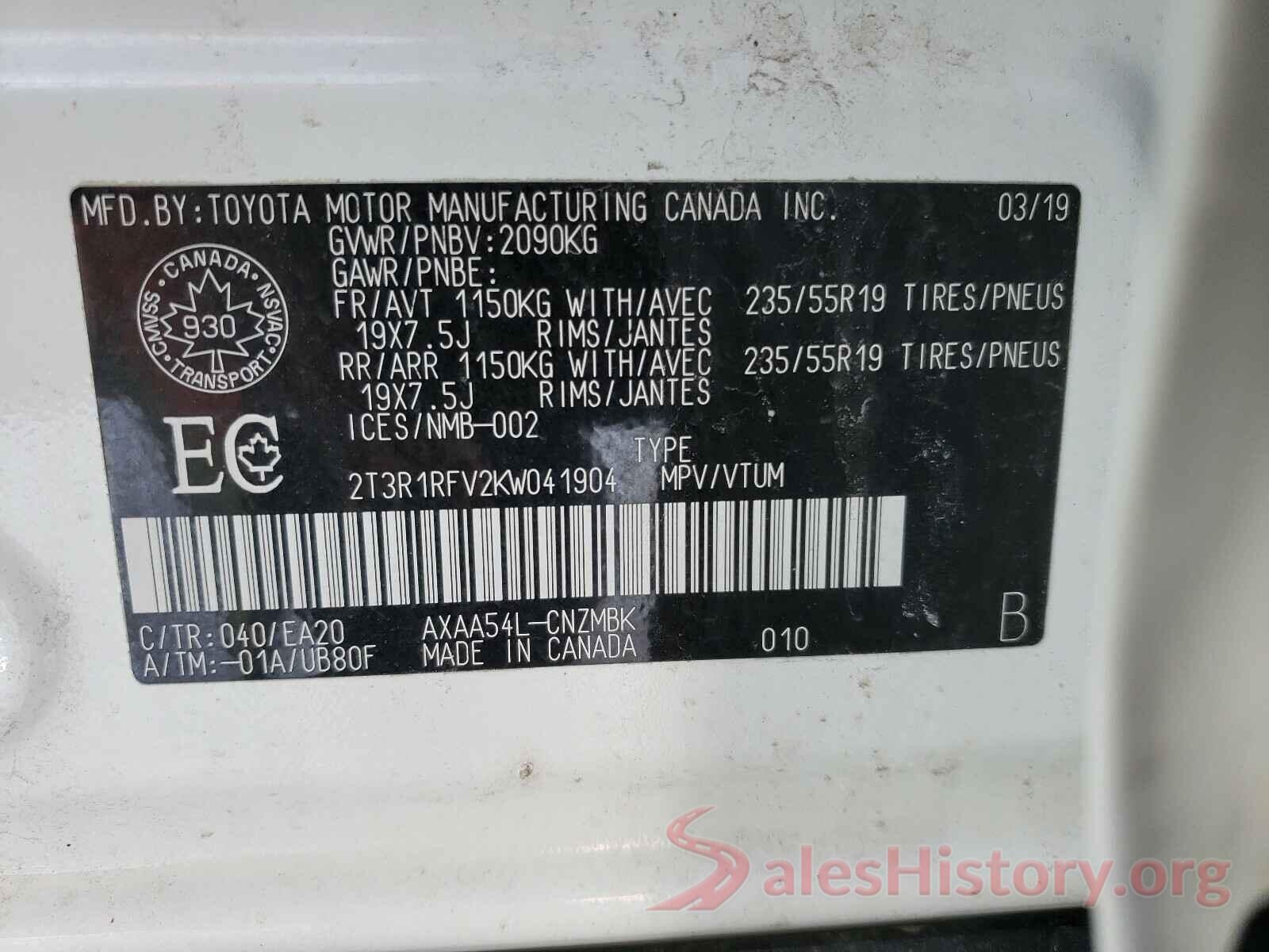 2T3R1RFV2KW041904 2019 TOYOTA RAV4