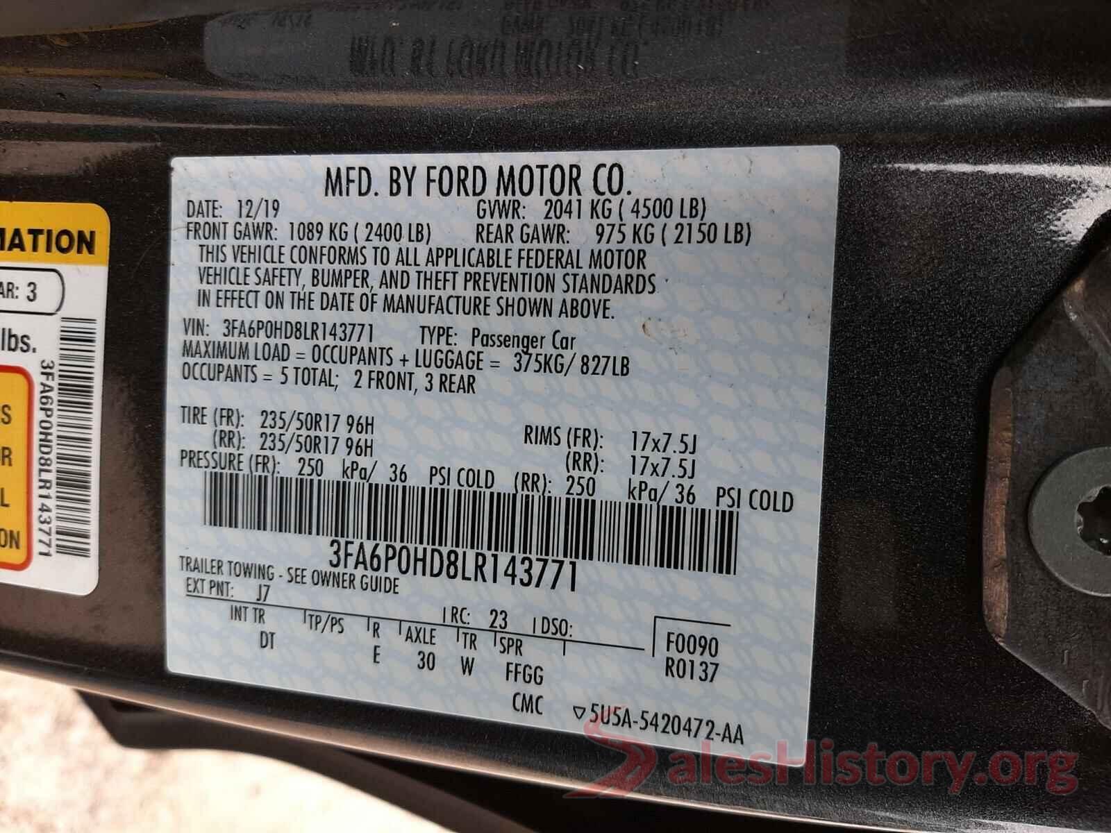 3FA6P0HD8LR143771 2020 FORD FUSION