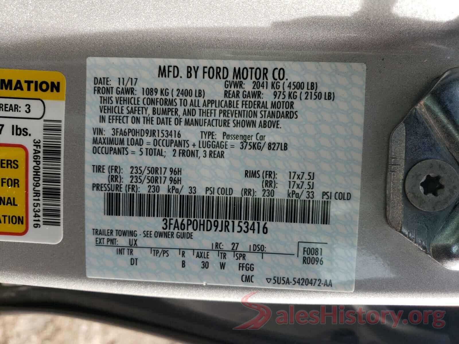 3FA6P0HD9JR153416 2018 FORD FUSION