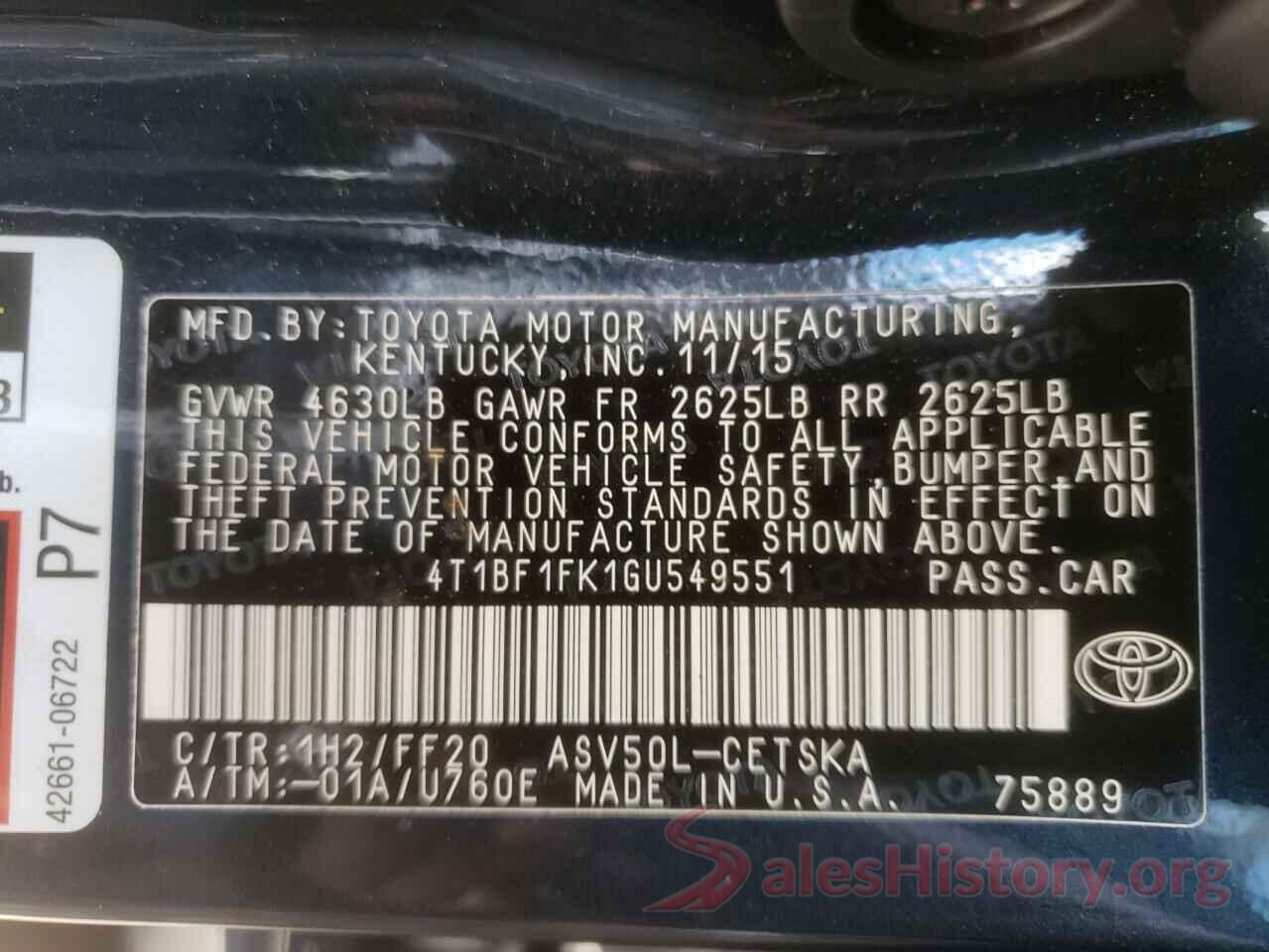 4T1BF1FK1GU549551 2016 TOYOTA CAMRY