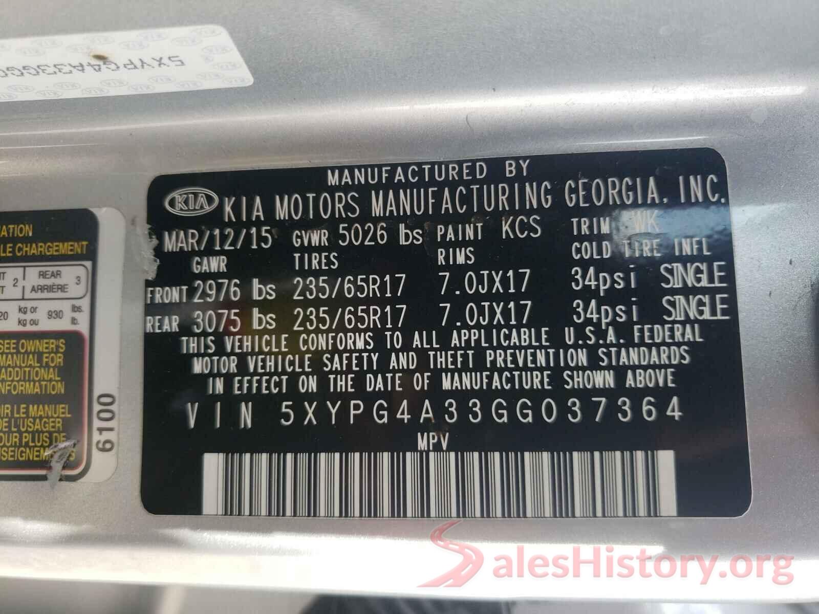 5XYPG4A33GG037364 2016 KIA SORENTO