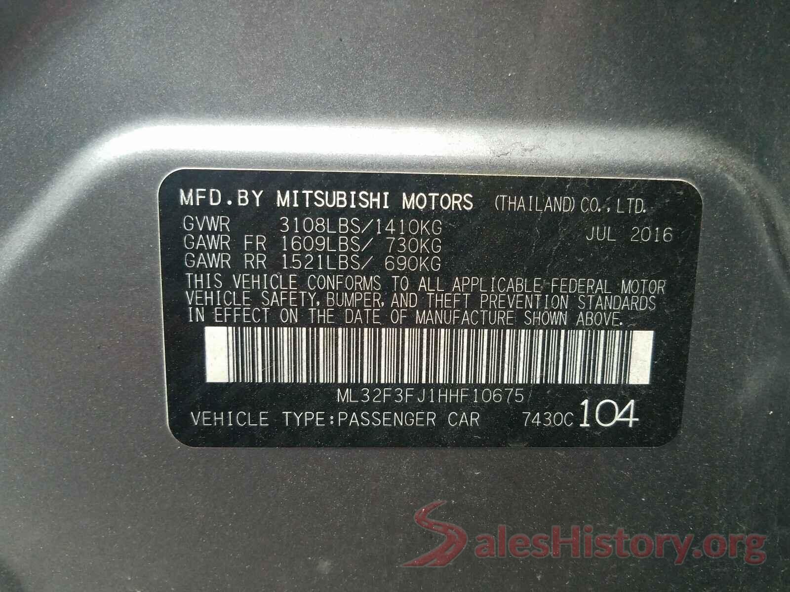 ML32F3FJ1HHF10675 2017 MITSUBISHI MIRAGE