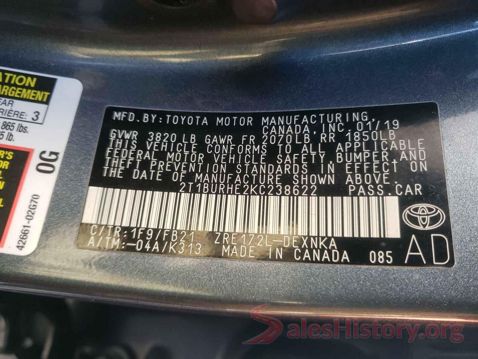 2T1BURHE2KC238622 2019 TOYOTA COROLLA