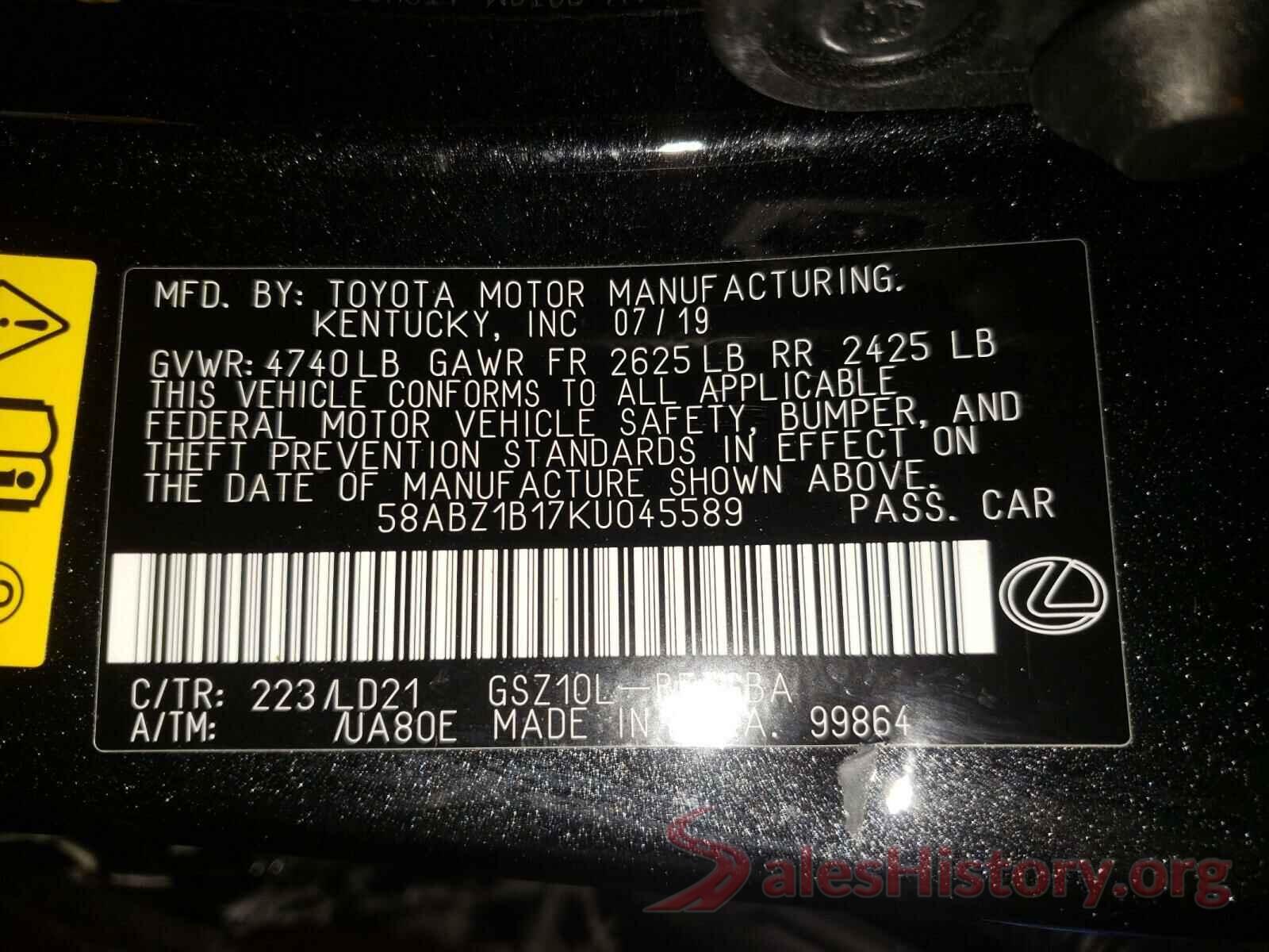 58ABZ1B17KU045589 2019 LEXUS ES350