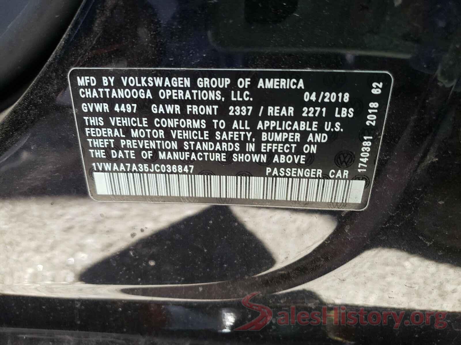 1VWAA7A35JC036847 2018 VOLKSWAGEN PASSAT