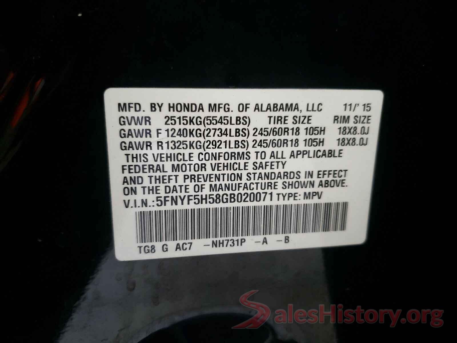 5FNYF5H58GB020071 2016 HONDA PILOT