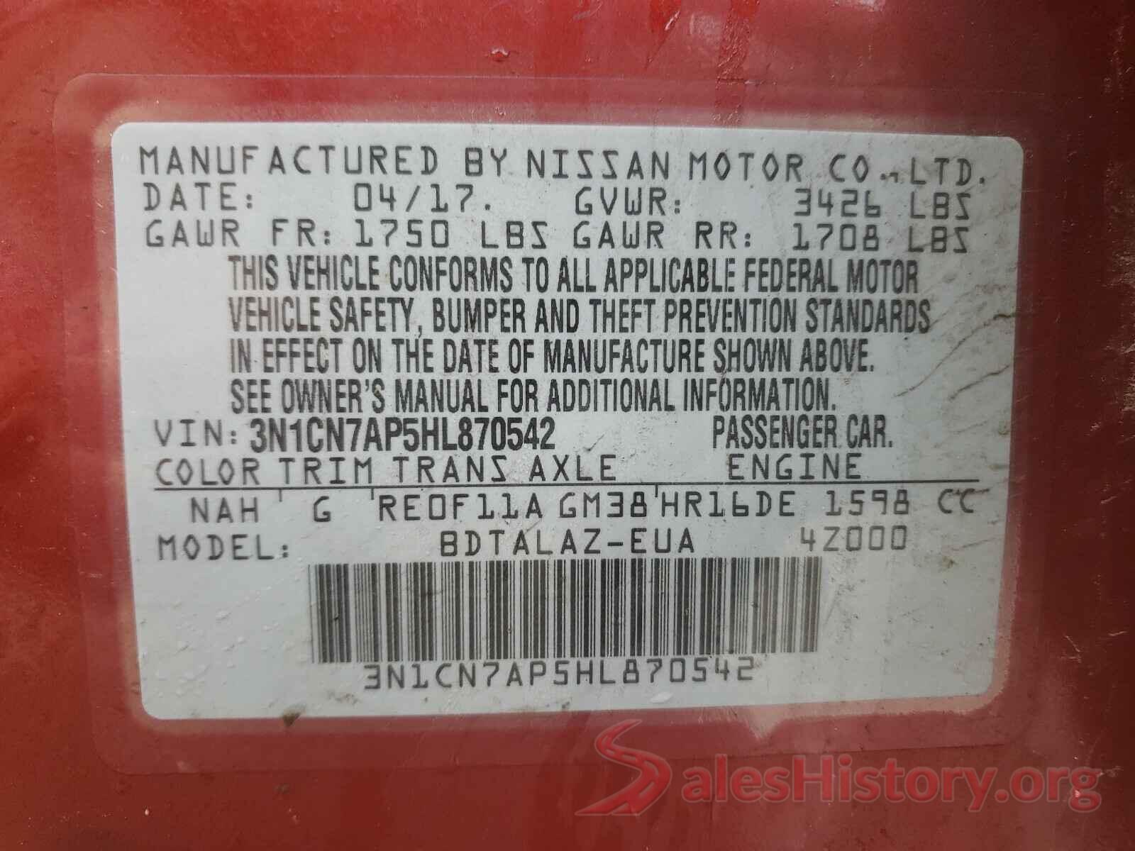 3N1CN7AP5HL870542 2017 NISSAN VERSA