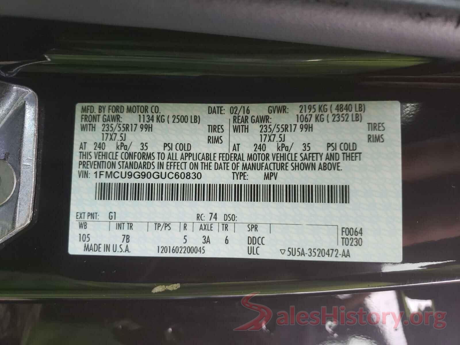 1FMCU9G90GUC60830 2016 FORD ESCAPE