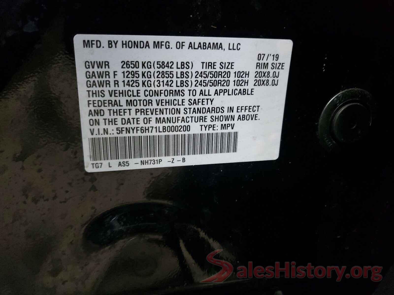 5FNYF6H71LB000200 2020 HONDA PILOT