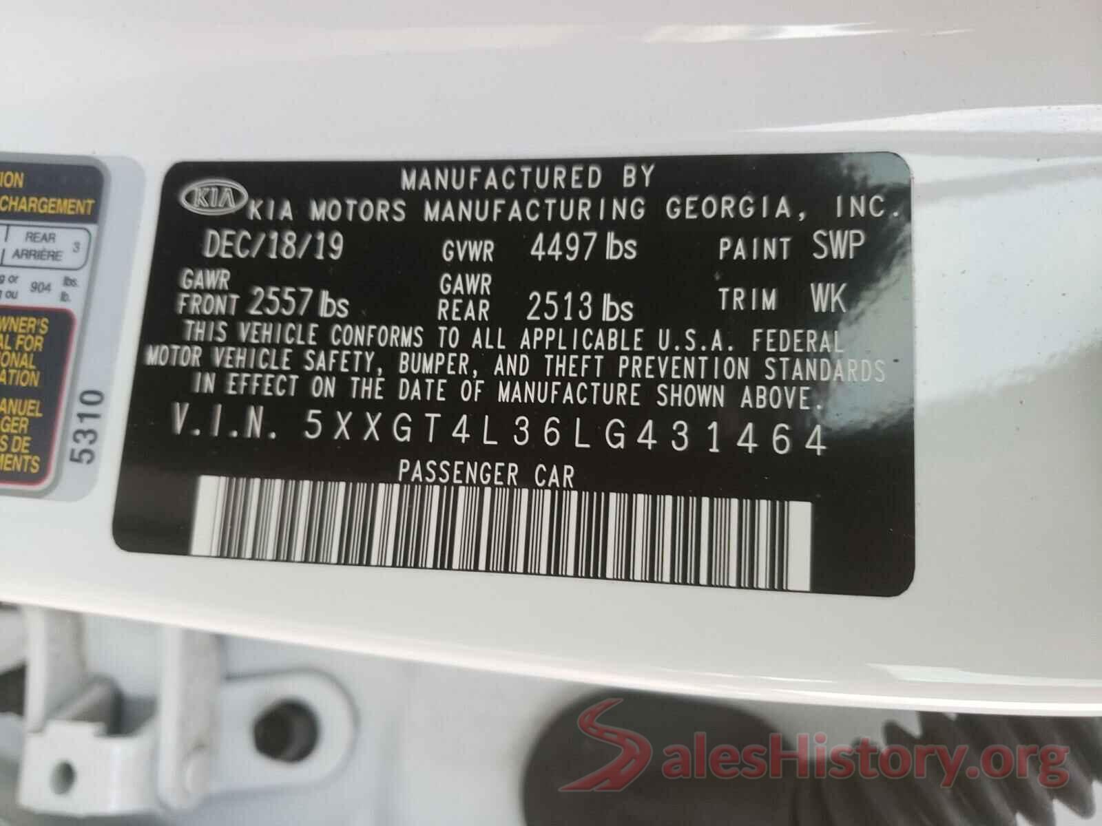 5XXGT4L36LG431464 2020 KIA OPTIMA