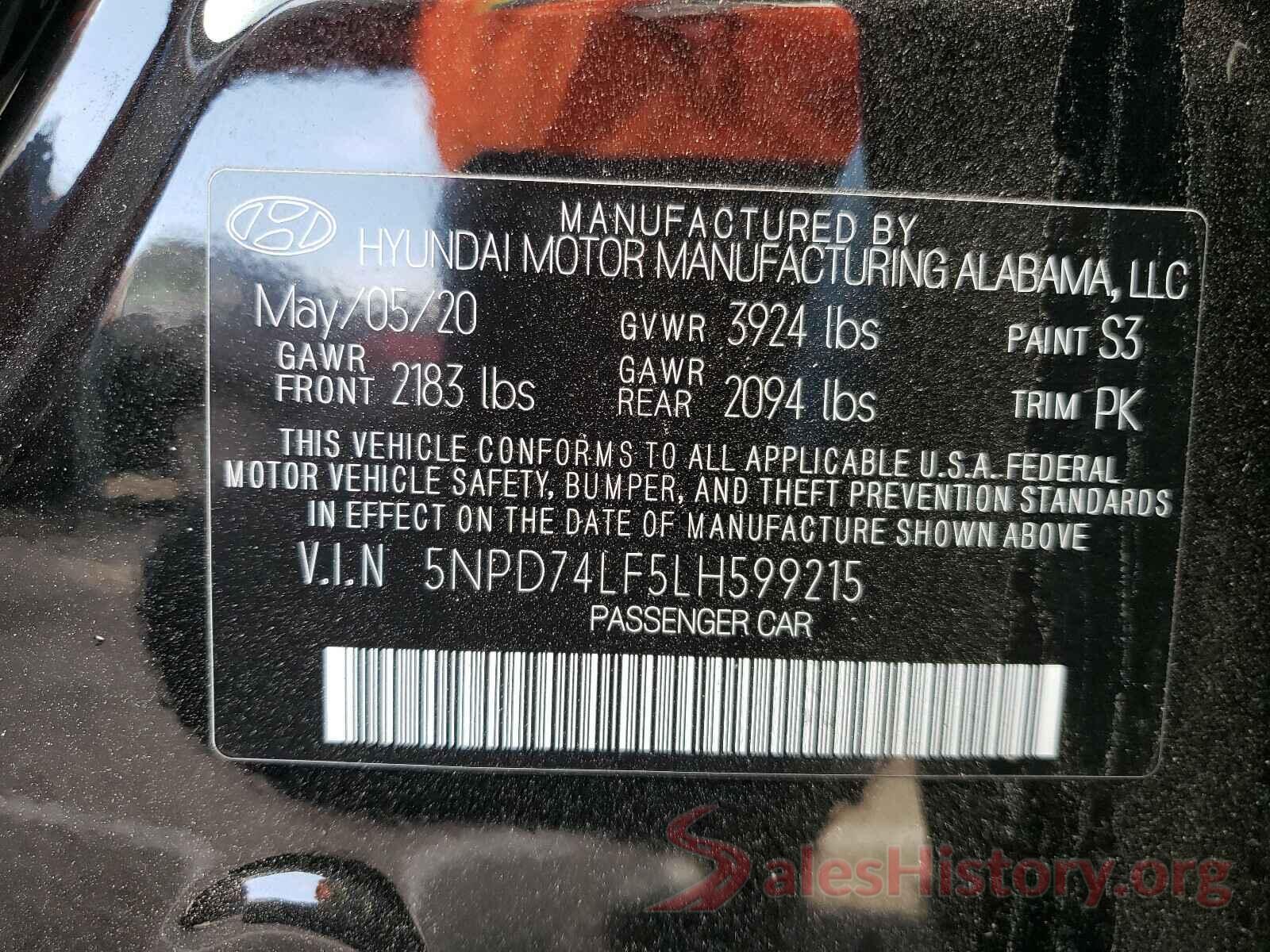 5NPD74LF5LH599215 2020 HYUNDAI ELANTRA