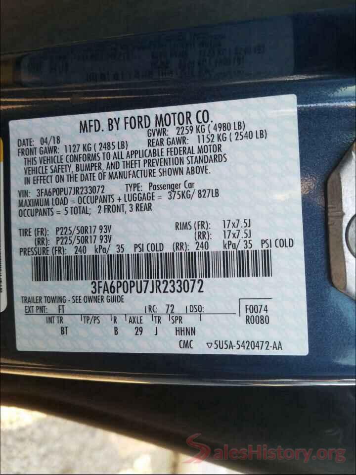 3FA6P0PU7JR233072 2018 FORD FUSION