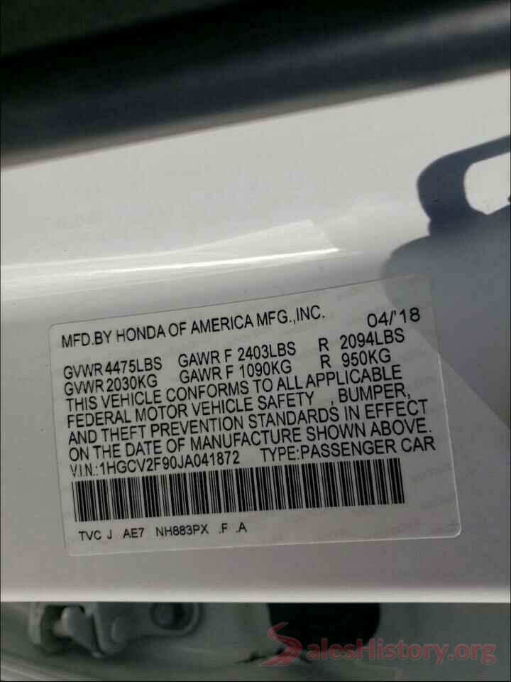 1HGCV2F90JA041872 2018 HONDA ACCORD