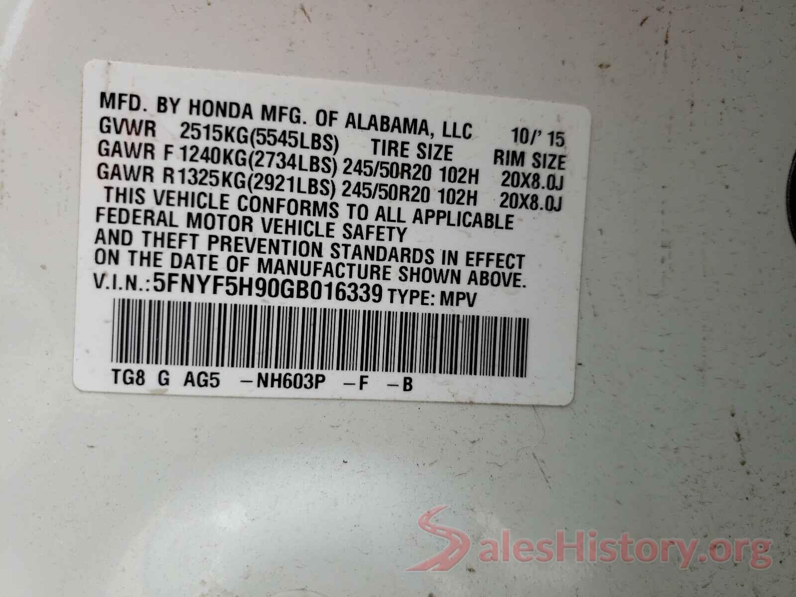 5FNYF5H90GB016339 2016 HONDA PILOT