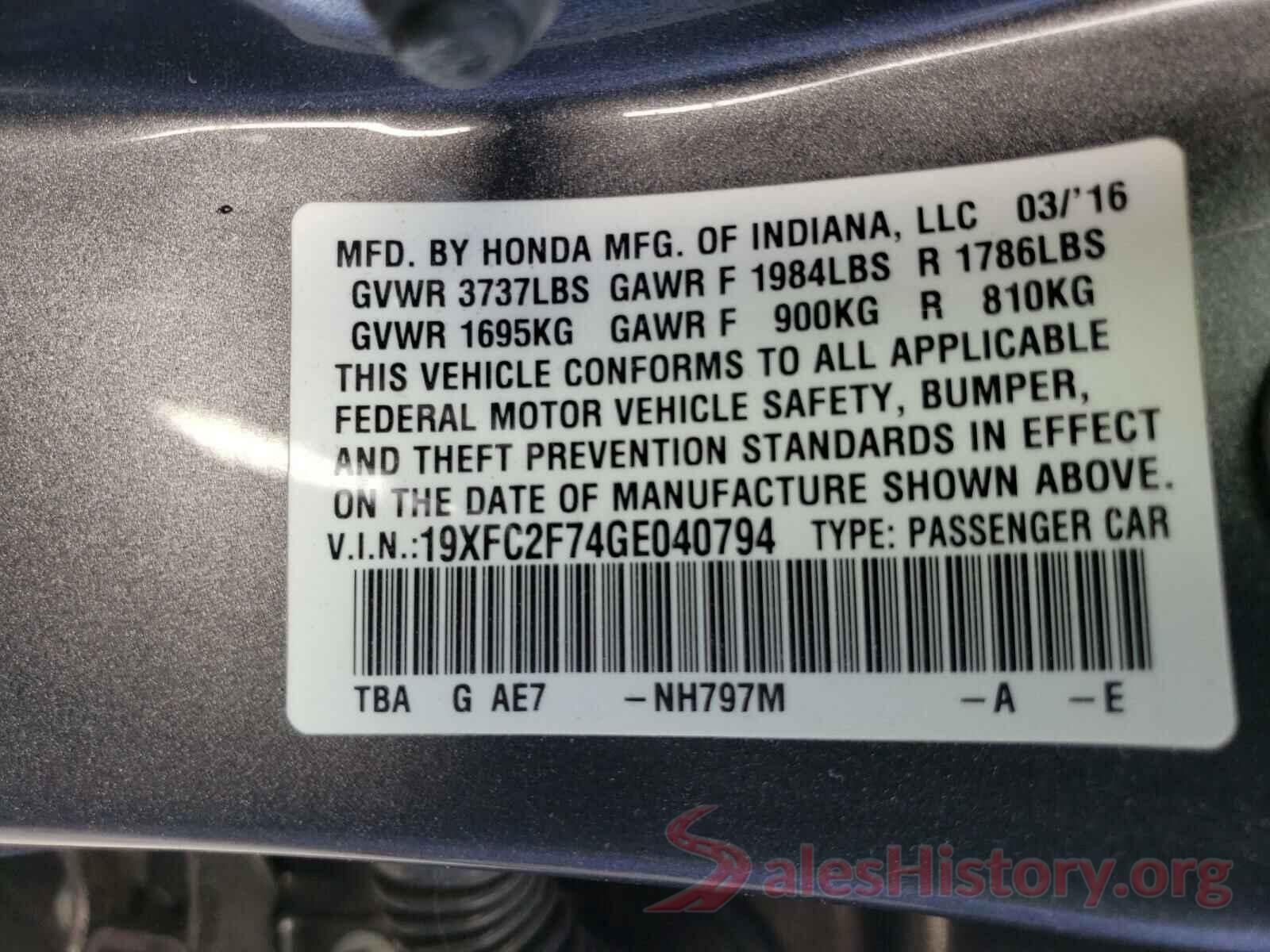 19XFC2F74GE040794 2016 HONDA CIVIC