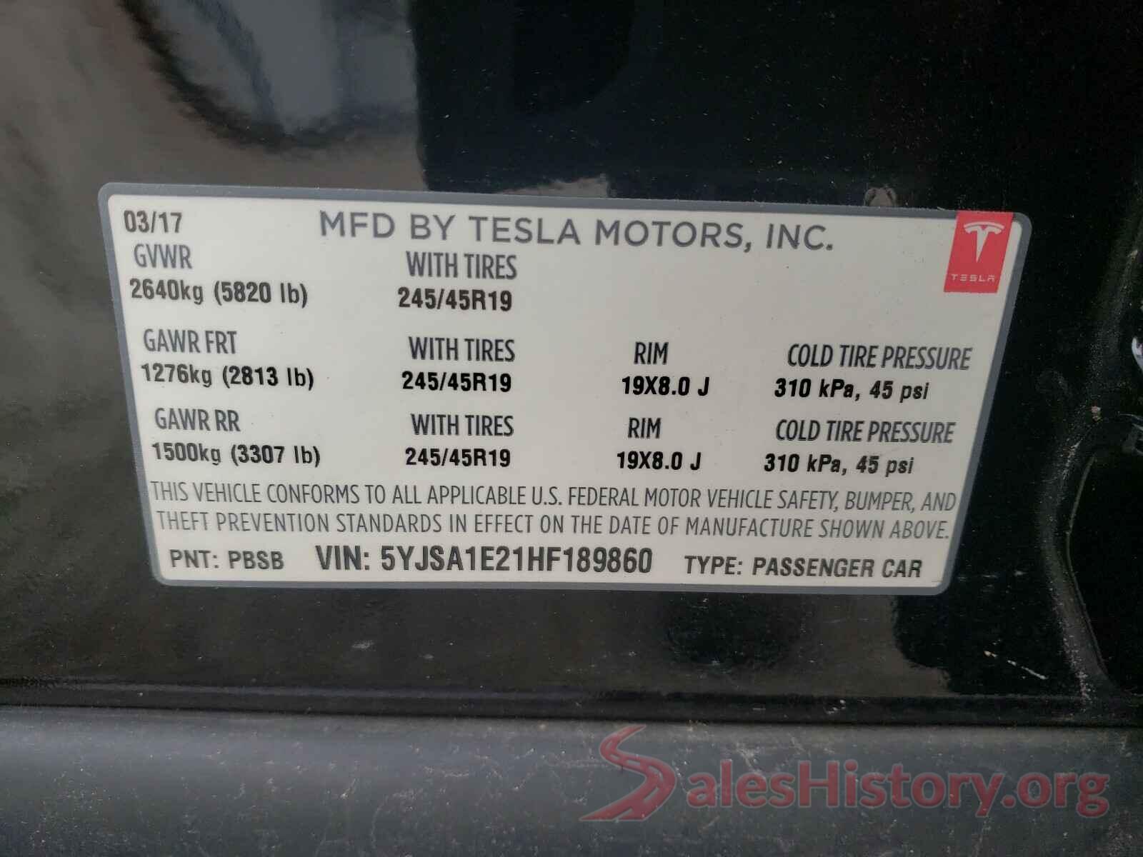 5YJSA1E21HF189860 2017 TESLA MODEL S