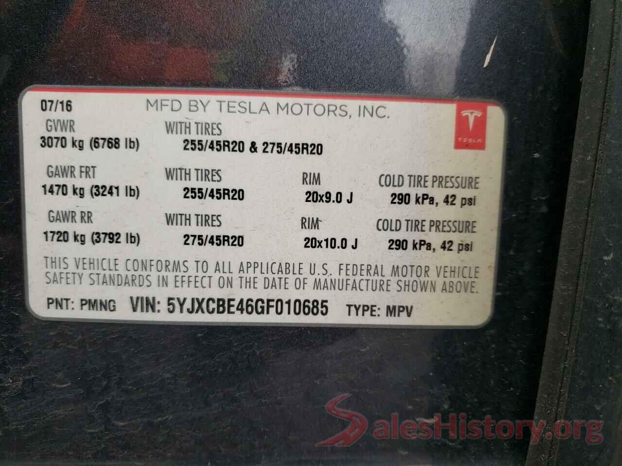 5YJXCBE46GF010685 2016 TESLA MODEL X