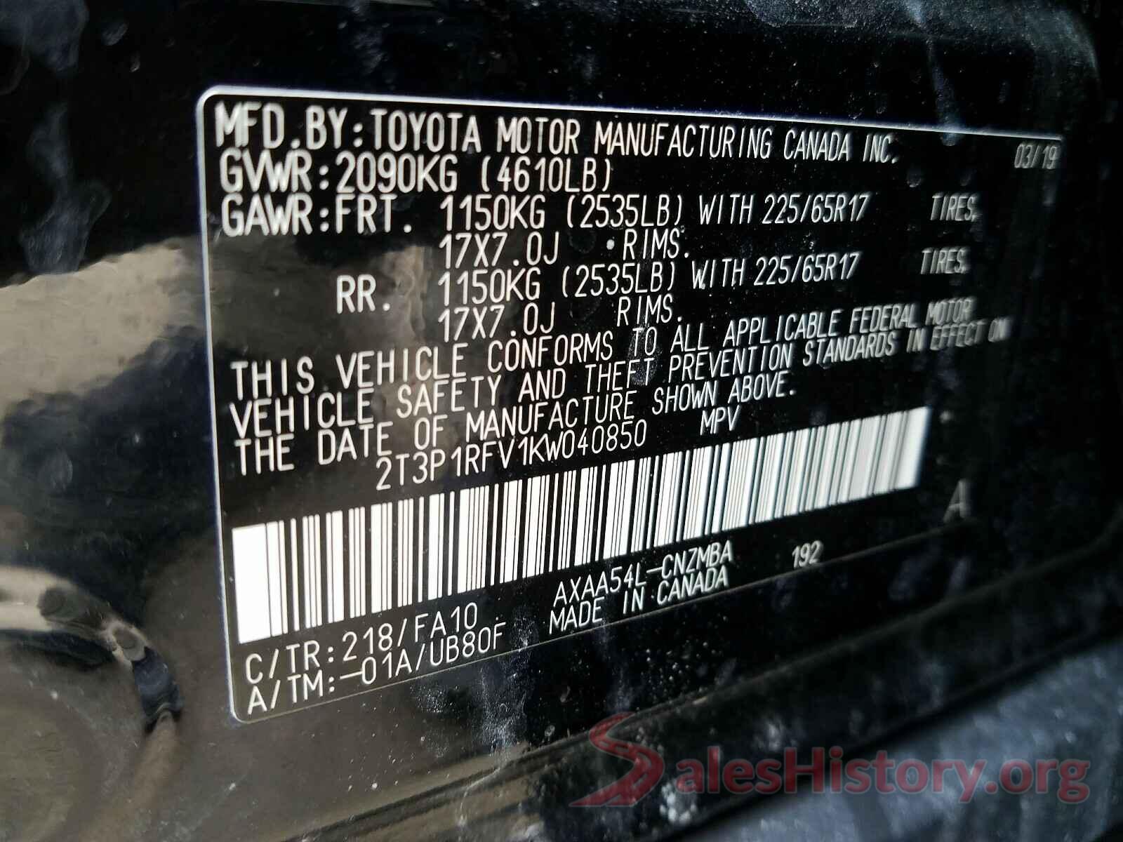 2T3P1RFV1KW040850 2019 TOYOTA RAV4