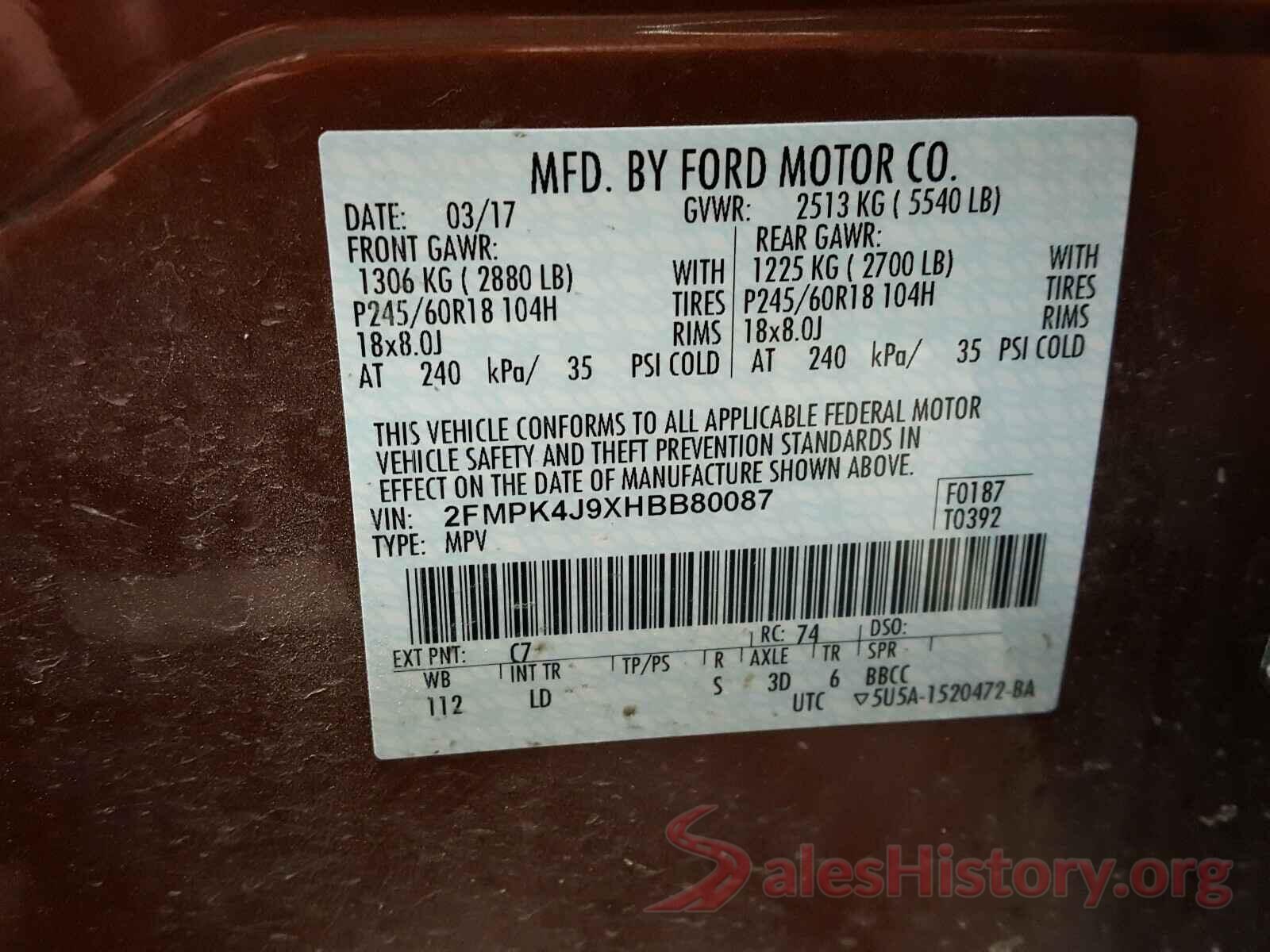 2FMPK4J9XHBB80087 2017 FORD EDGE