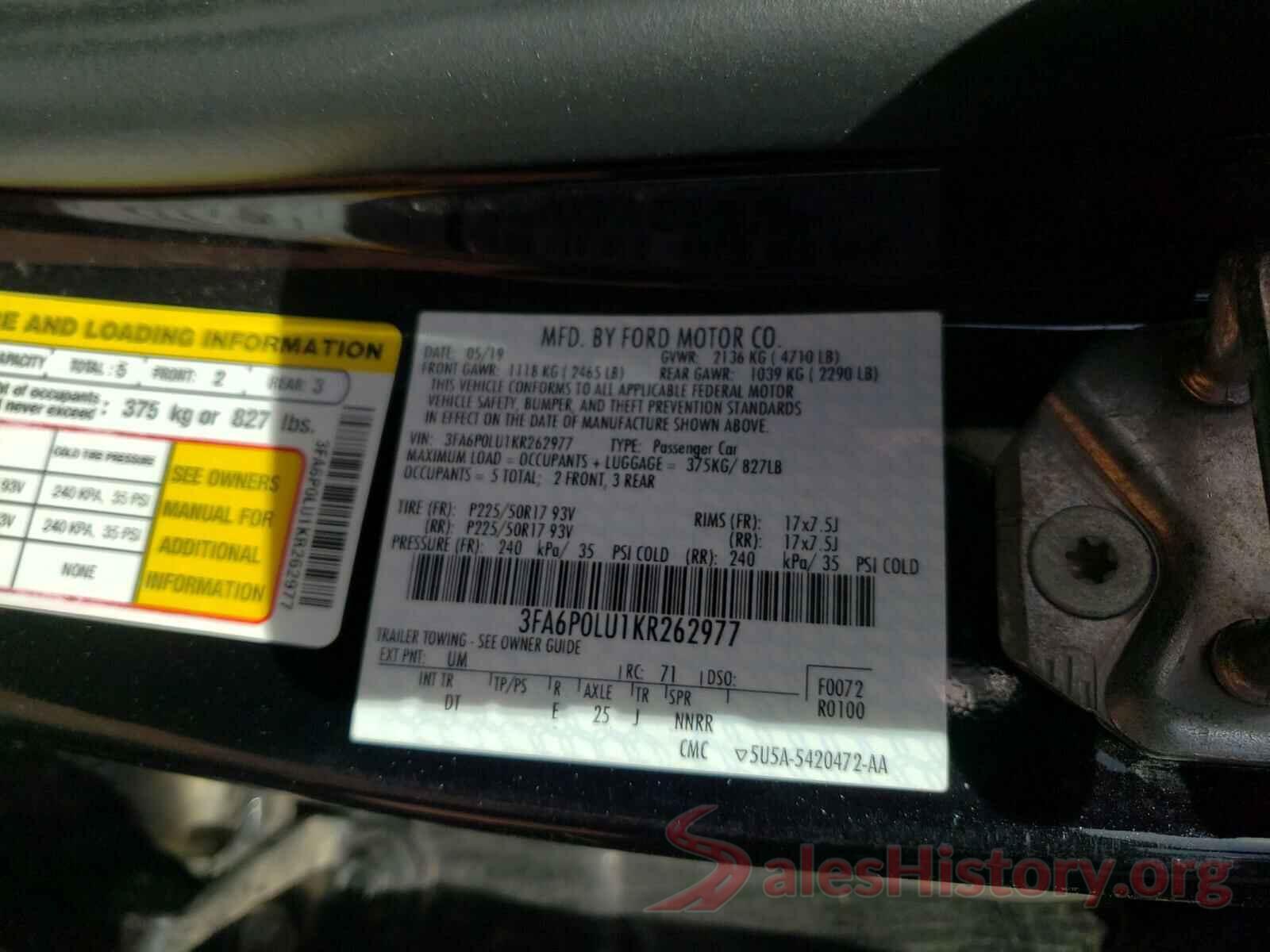 3FA6P0LU1KR262977 2019 FORD FUSION