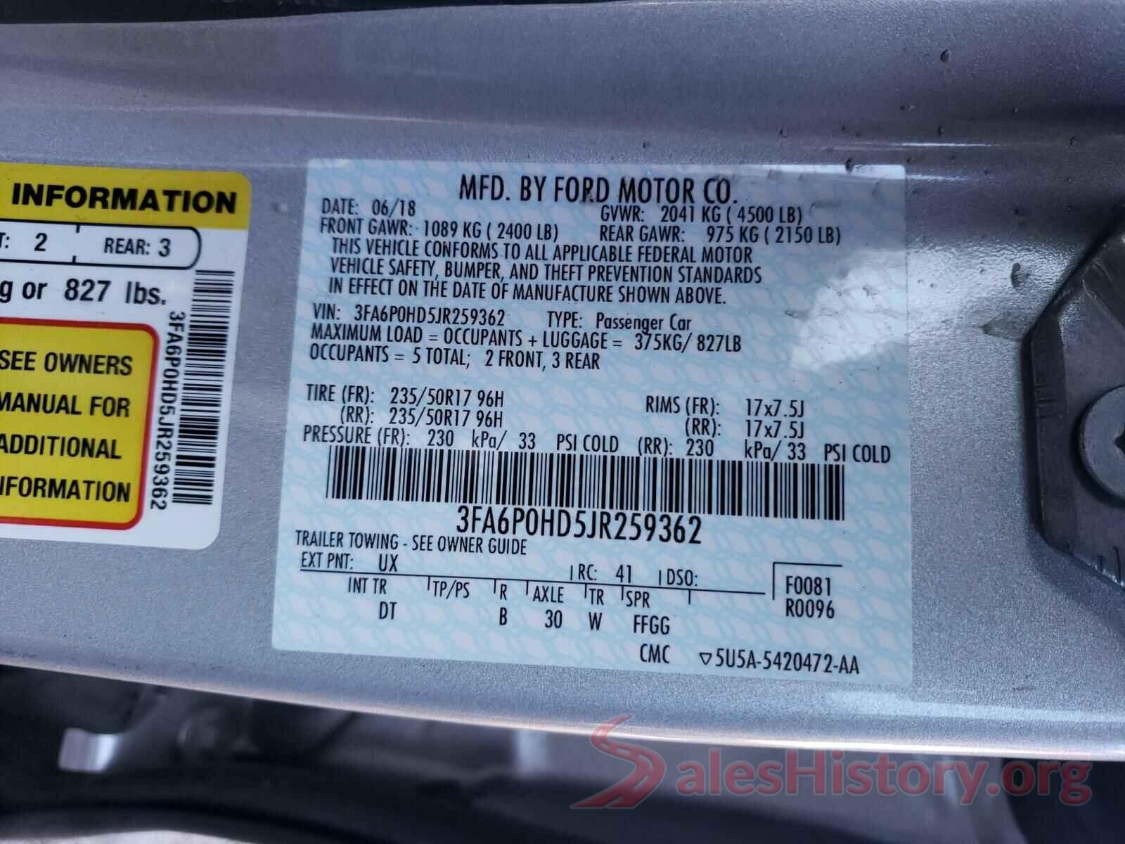 3FA6P0HD5JR259362 2018 FORD FUSION