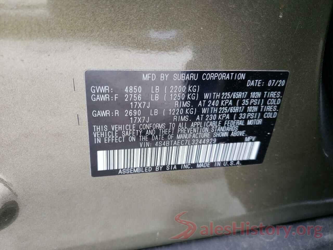 4S4BTAEC7L3244929 2020 SUBARU OUTBACK