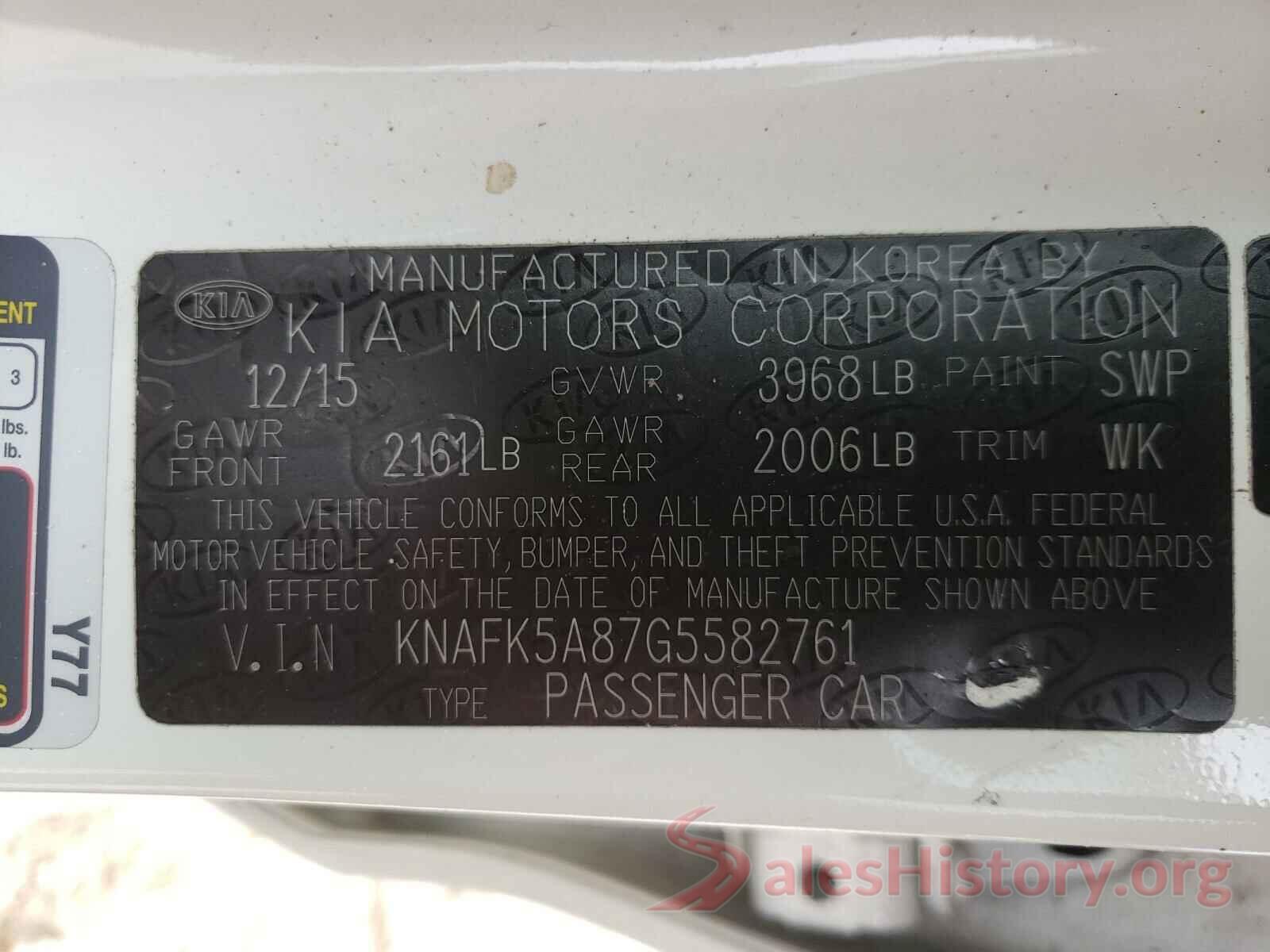 KNAFK5A87G5582761 2016 KIA FORTE