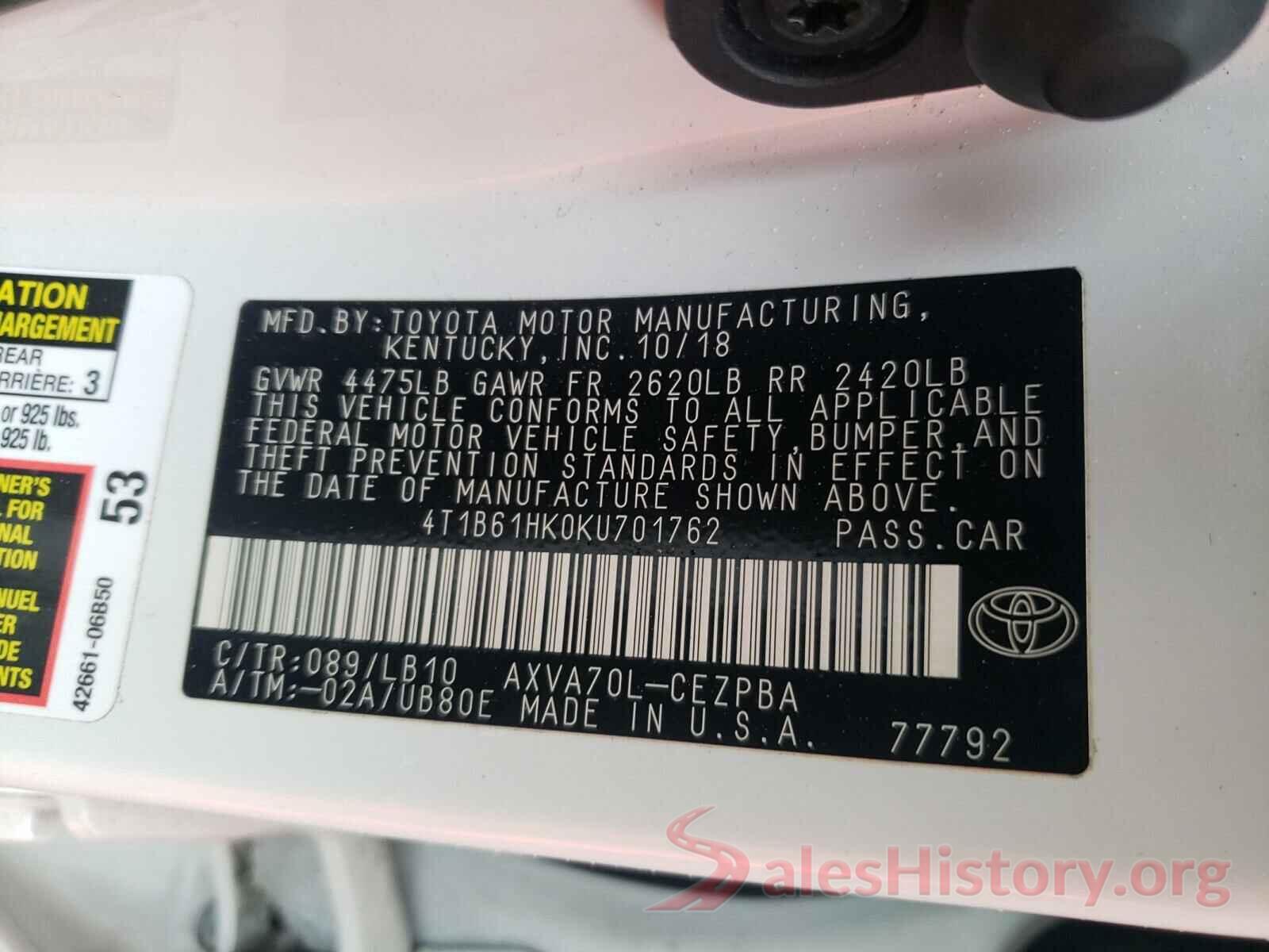 4T1B61HK0KU701762 2019 TOYOTA CAMRY