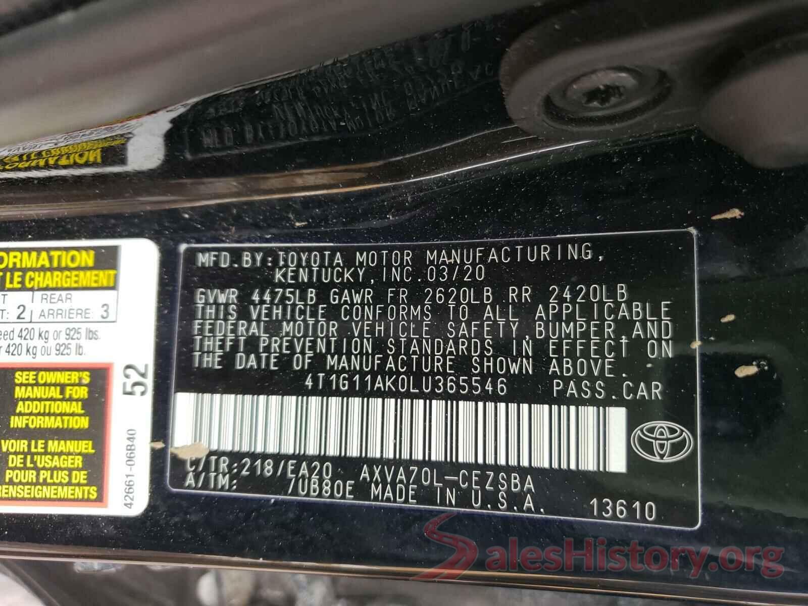 4T1G11AK0LU365546 2020 TOYOTA CAMRY