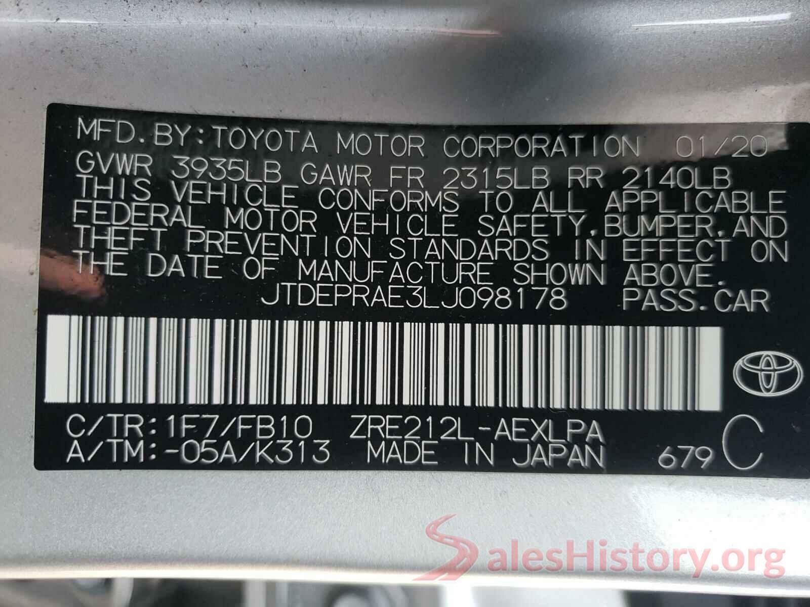 JTDEPRAE3LJ098178 2020 TOYOTA COROLLA