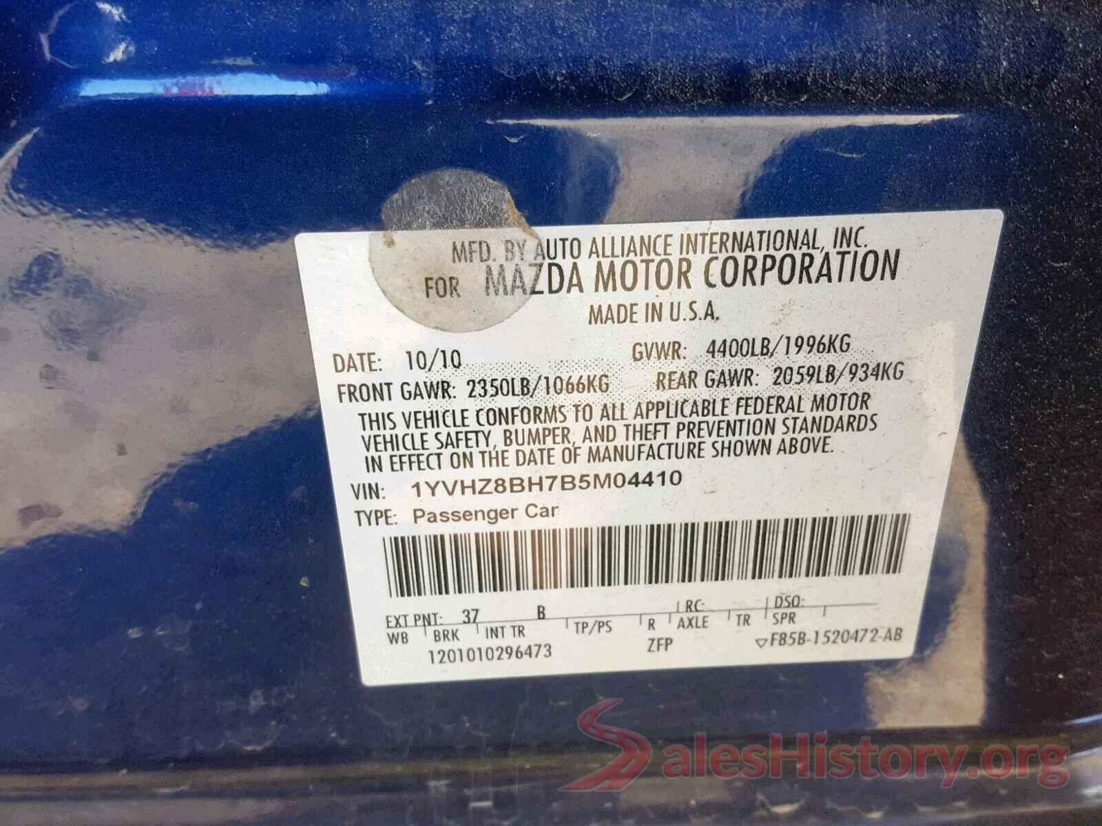 1YVHZ8BH7B5M04410 2011 MAZDA 6